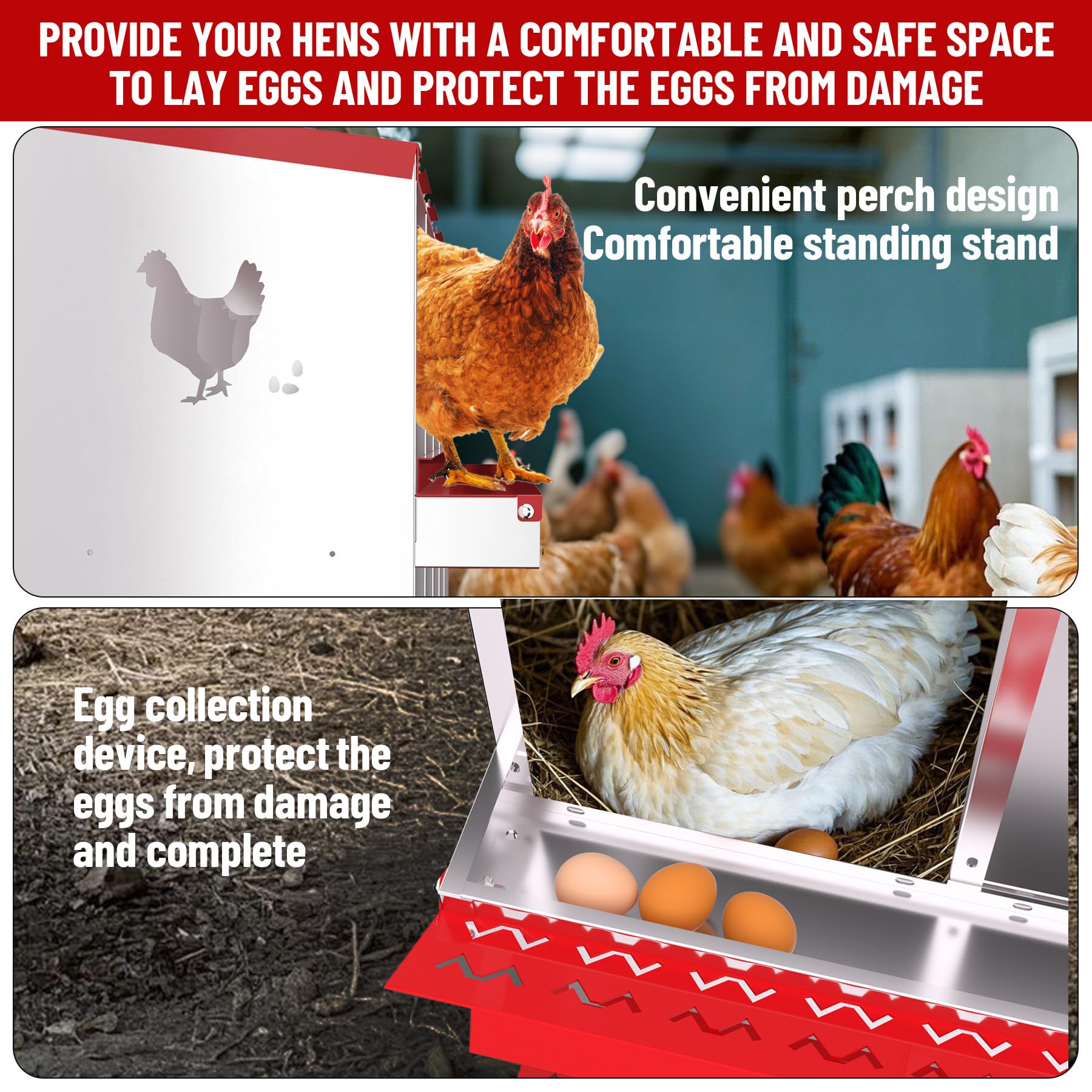 Garvee 6 Compartments Metal Chicken Nesting Boxes, Nesting Boxes with Metal Legs, Chicken Laying Box with Roll Out Egg Collection with Vented Holes