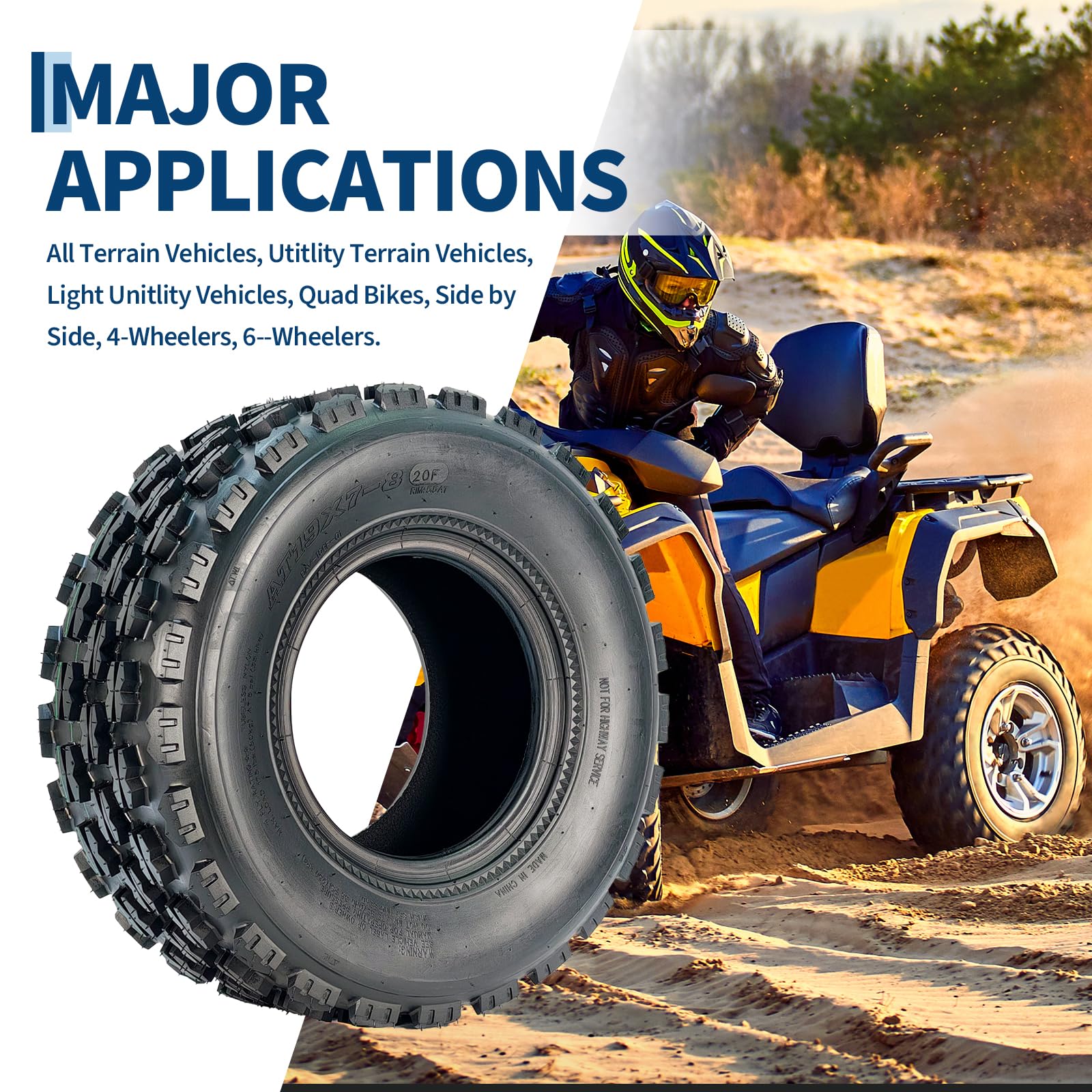 Garvee 19x7-8 ATV/UTV Knobby Sport Tires - Front 19x7x8 Mini Bike Tires, 4-Ply Tubeless All-Terrain, Black