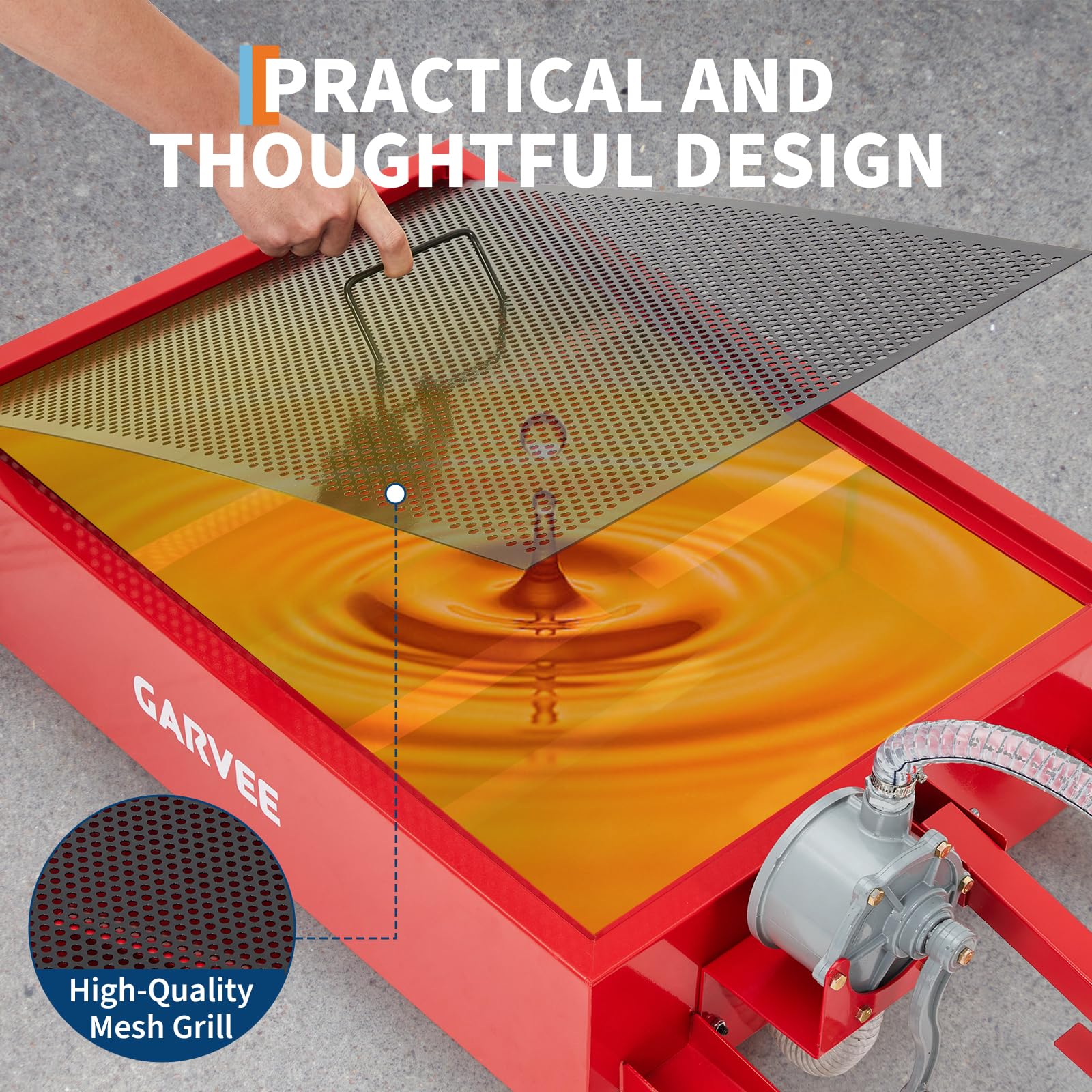 Garvee 15 Gallon Oil Drain Pan, 57L Low Profile Tank with 8FT Hose, Pump, Swivel Casters, Foldable Handle, for Car, SUV, Truck Oil Change, Red