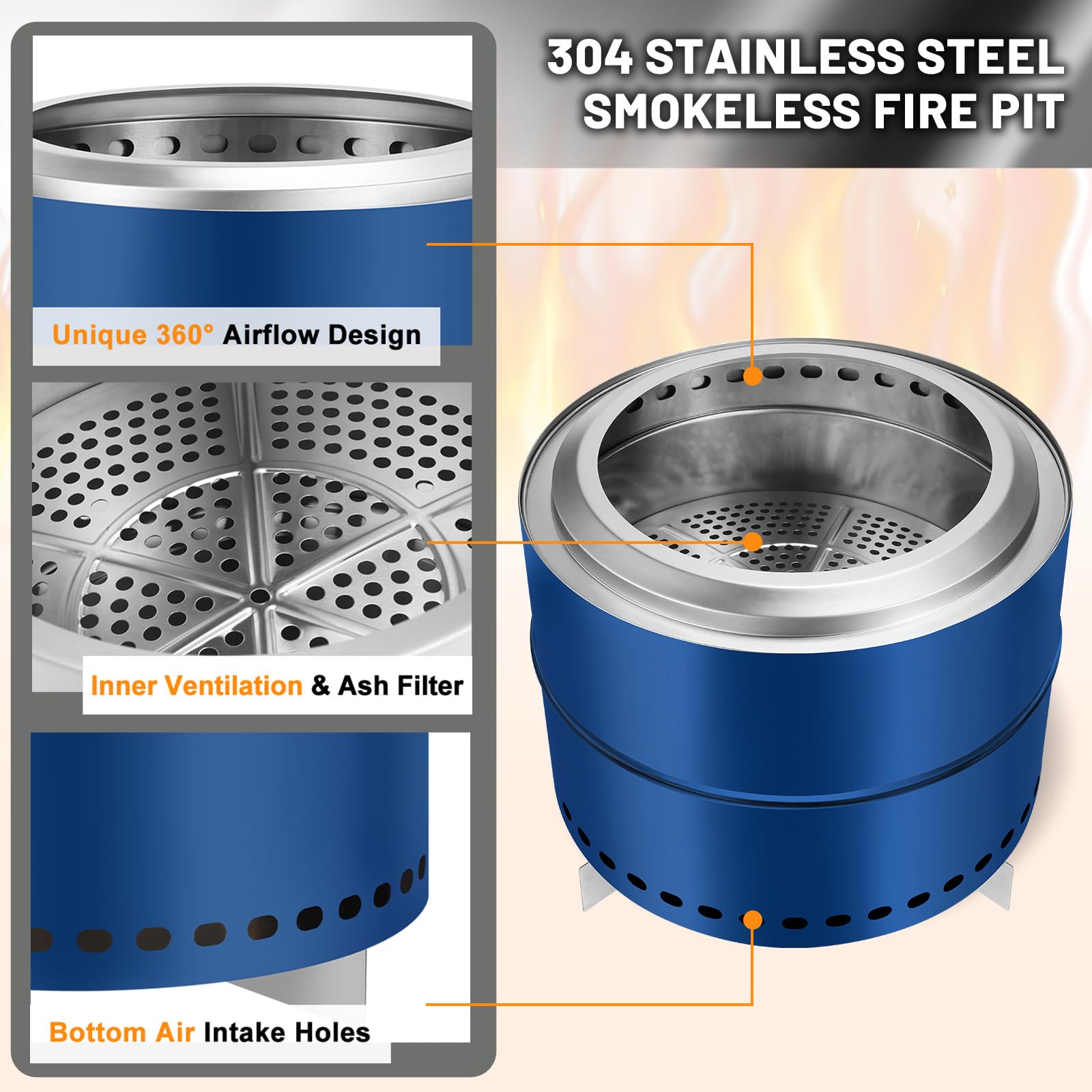 Garvee 20 Inch Portable Smokeless Firepit with Stand, Bonfire Wood Burning Fire Pit for Camping & Picnic Outside, Stainless Steel Large Fire Pit with Carry Bag, Split Structure