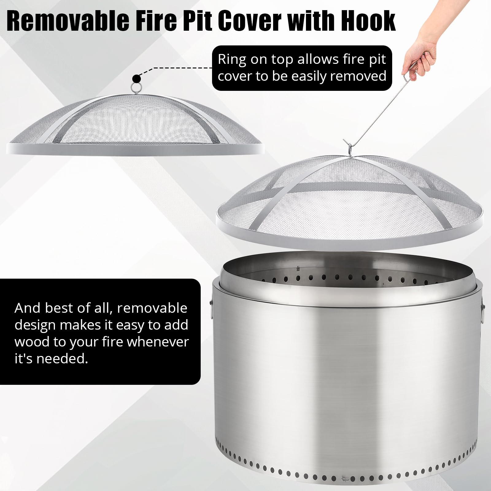 Garvee Fire Pit Spark Screen Cover for Campfires - Easy Lift Stainless Steel, Mesh Protector, Guide Rod Included, Outdoor Patio & Backyard Accessory, Silver，18 * 18 * 5inch