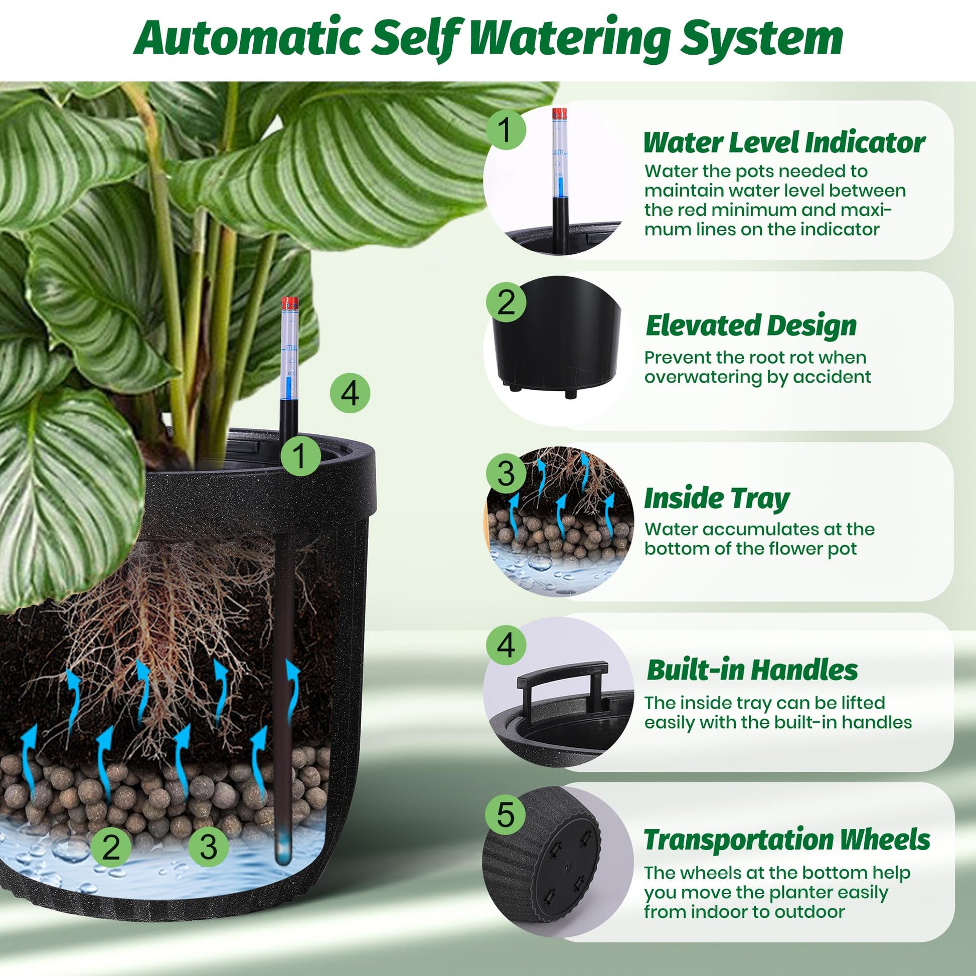 Garvee 14.5 Inch Tall Planters Set of 2 Flower Pots with a Water Level Monitor, Self Watering Insert and Hidden Wheels, Ideal for Living Room, Bedroom Office, Patio, Porch, Garden, Black