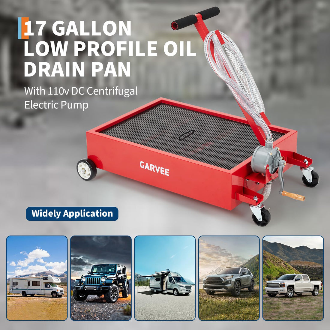 Garvee 15 Gallon Oil Drain Pan, 57L Low Profile Tank with 8FT Hose, Pump, Swivel Casters, Foldable Handle, for Car, SUV, Truck Oil Change, Red