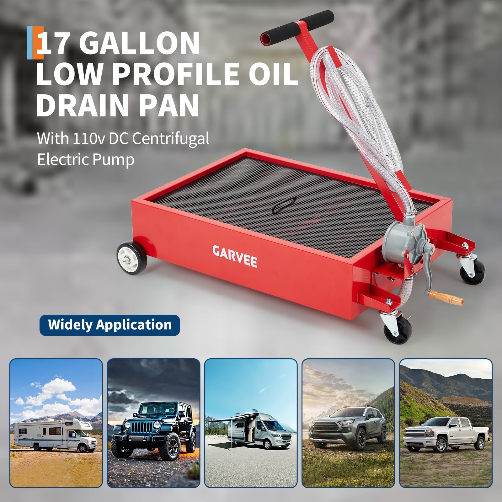 Garvee 15 Gallon Oil Drain Pan, 57L Low Profile Tank with 8FT Hose, Pump, Swivel Casters, Foldable Handle, for Car, SUV, Truck Oil Change, Red