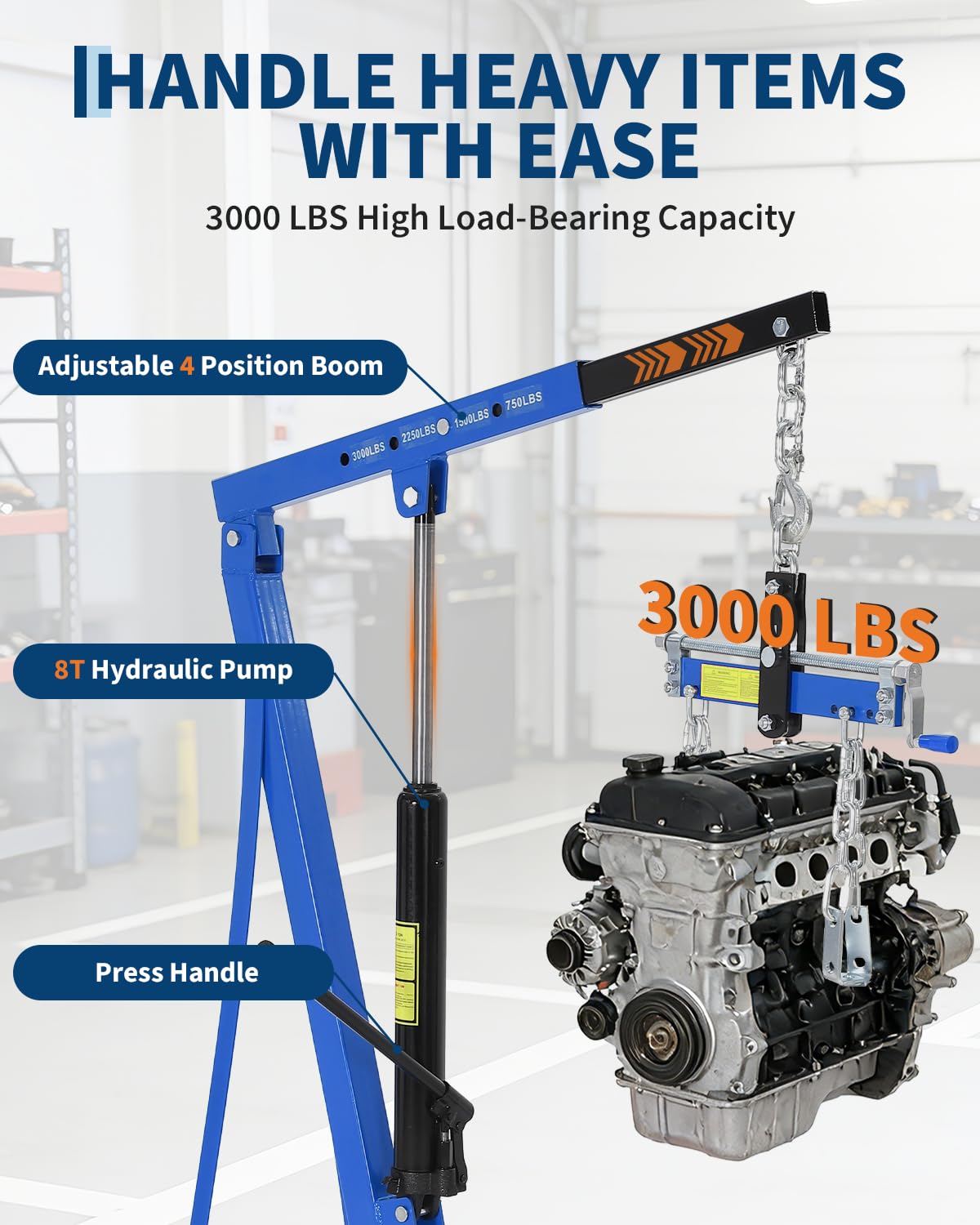 Garvee 3000 LBS Hydraulic Engine Hoist with Lever, 1.5-Ton Telescoping Boom Shop Crane with 4 Heavy-Duty Casters, Garage & Warehouse Cherry Picker for Automotive, Machinery, and Equipment Lifting, Blue