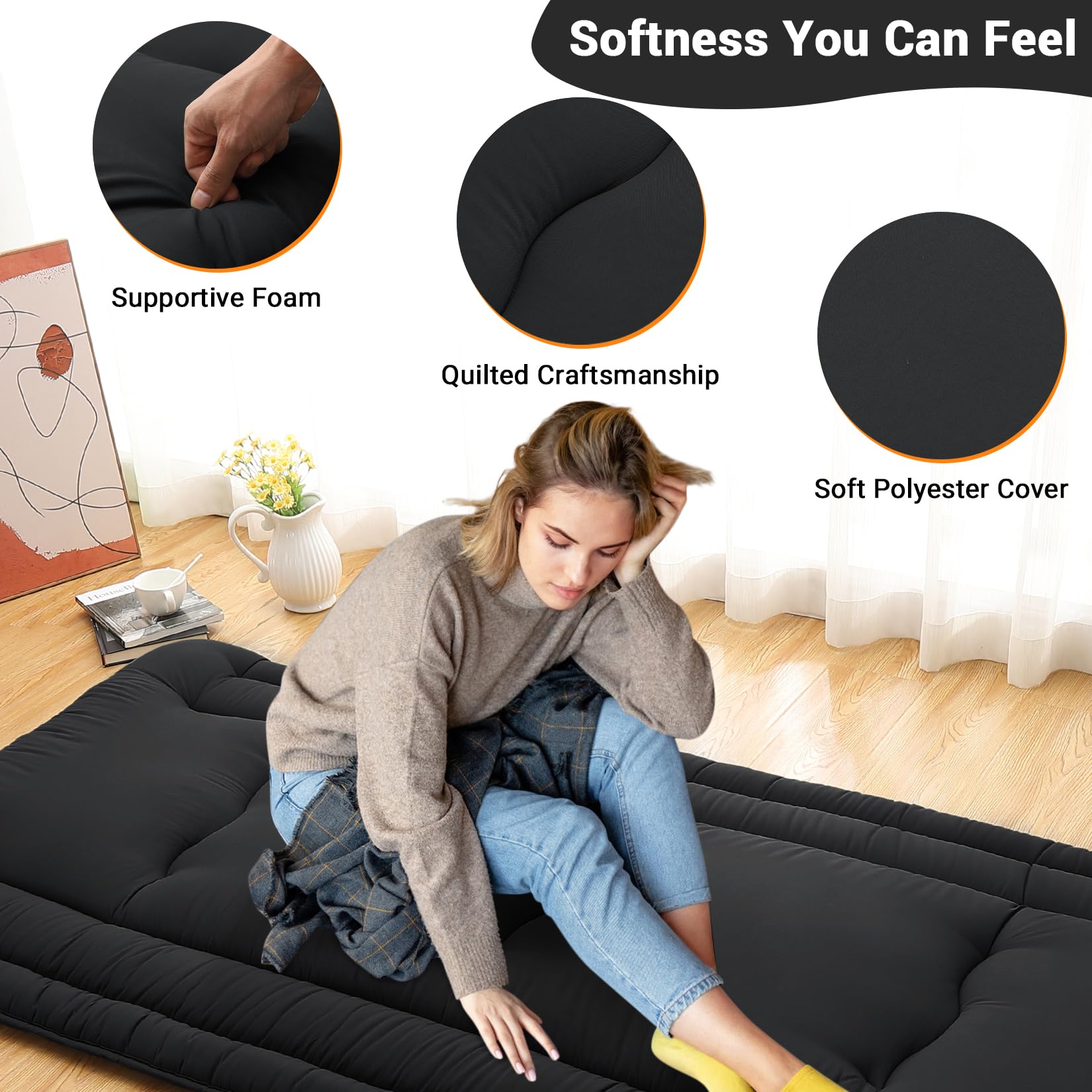 Garvee Futon Mattress Twin Size, Japanese Floor Mattress Foldable Sleeping Mattress, Roll Up Floor Bed Mattress for Easy Storage, Tatami Mat Japanese Floor Bed for Dorm Camping, Black