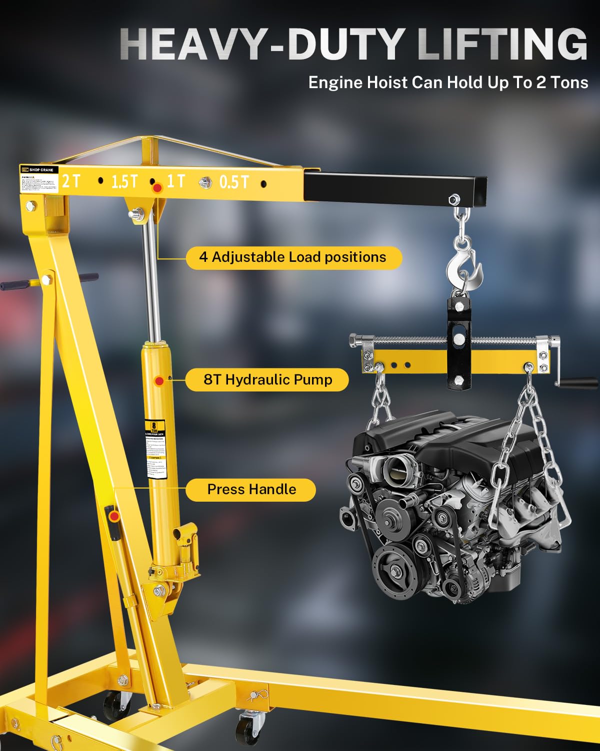 Garvee 2-Ton Hydraulic Engine Hoist Crane, 4400 lbs Folding Heavy-Duty Cherry Picker with Lever, 6 Locking Wheels, and 4 Boom Positions for Truck/SUV Engines, Garage, Workshop, and Industrial Lifting, Yellow