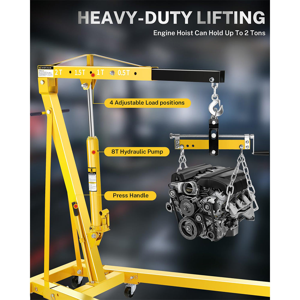 Garvee 2-Ton Hydraulic Engine Hoist Crane, 4400 lbs Folding Heavy-Duty Cherry Picker with Lever, 6 Locking Wheels, and 4 Boom Positions for Truck/SUV Engines, Garage, Workshop, and Industrial Lifting, Yellow