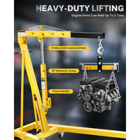 Garvee 2-Ton Hydraulic Engine Hoist Crane, 4400 lbs Folding Heavy-Duty Cherry Picker with Lever, 6 Locking Wheels, and 4 Boom Positions for Truck/SUV Engines, Garage, Workshop, and Industrial Lifting, Yellow