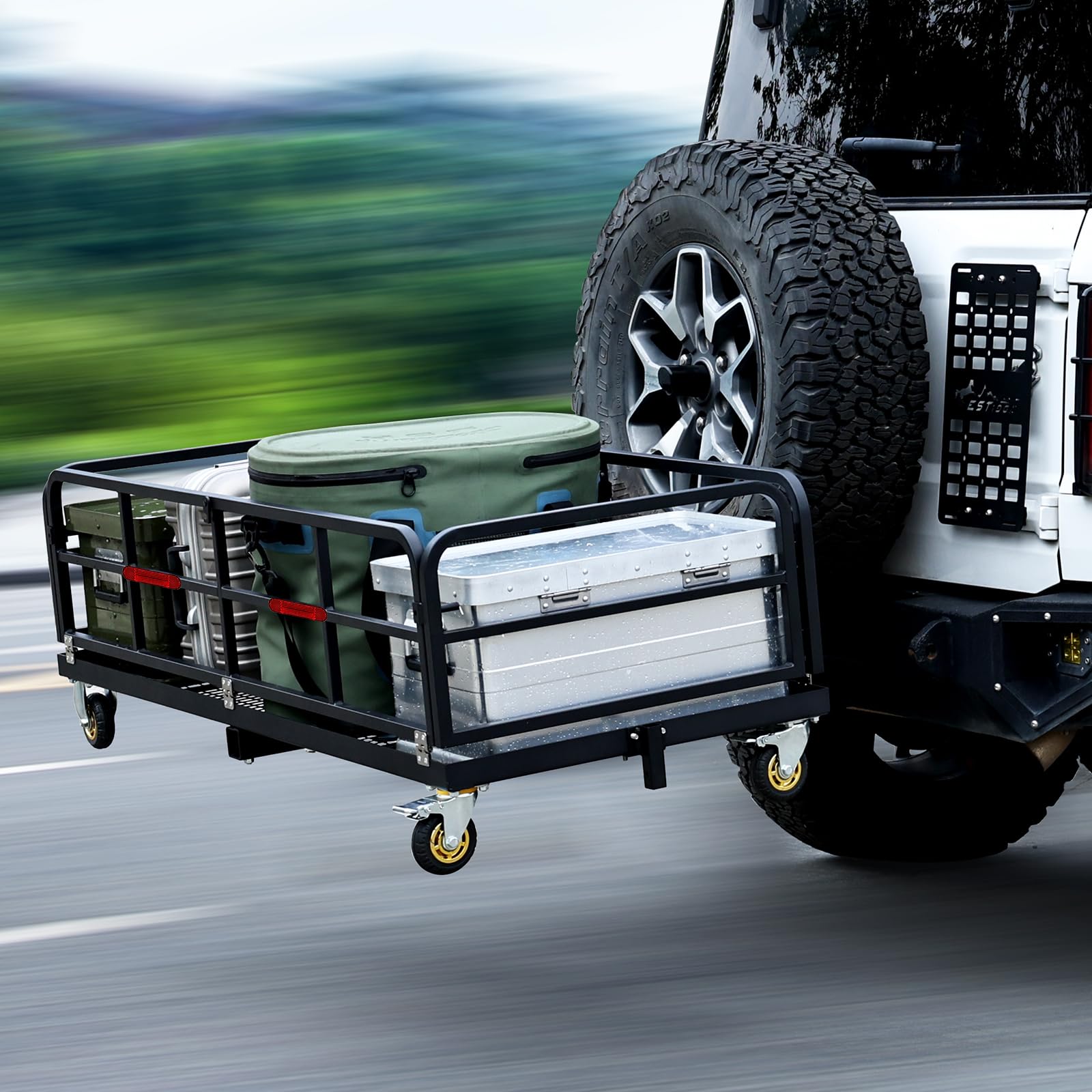 Garvee Hitch-Mounted Cargo Basket, 750 LBS Folding Carrier with Wheels & Handle, Fits 2" Receiver, Heavy Duty Luggage Storage for SUV, RV, Truck, Trailer