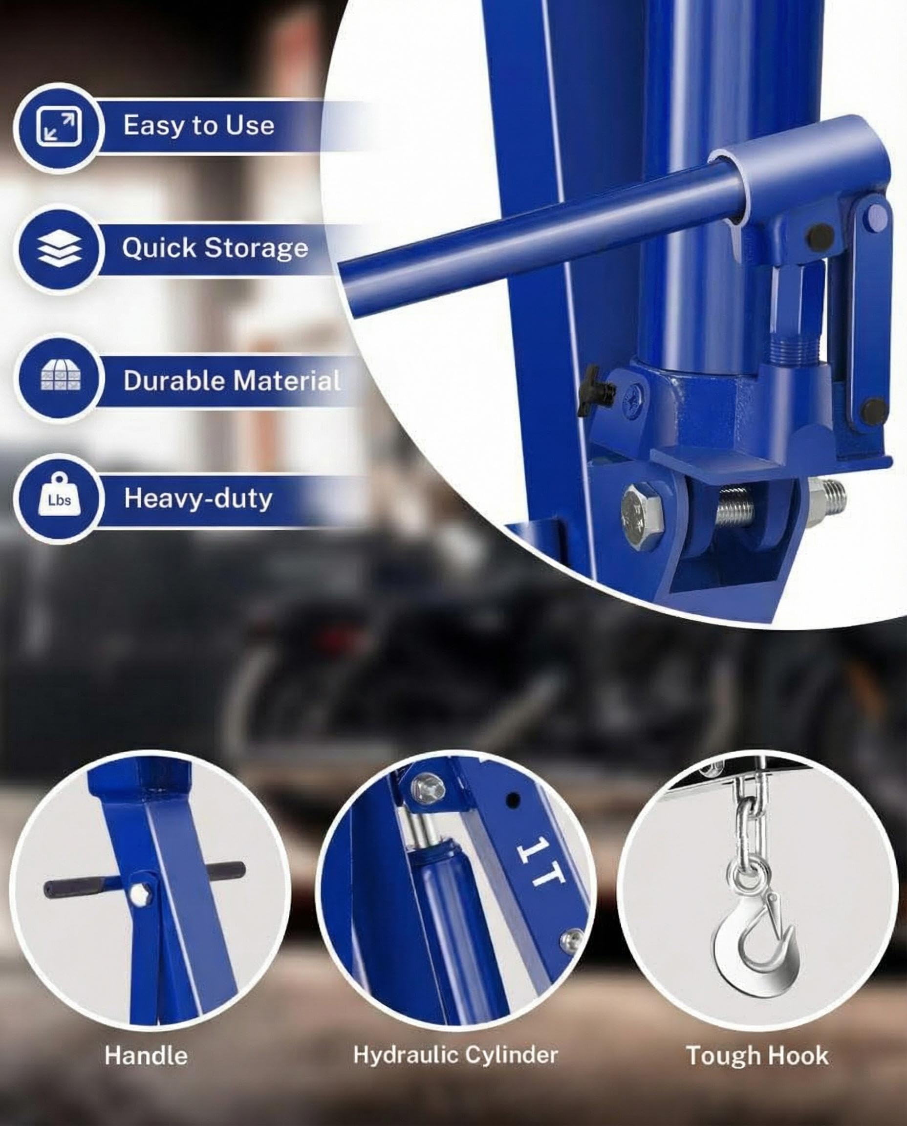 Garvee 2 Ton Engine Hoist Cherry Picker - 4400 lbs Capacity, Foldable Steel Frame, Heavy-Duty Hydraulic Crane with 6 Casters for Truck Engines and Farm Use, Blue