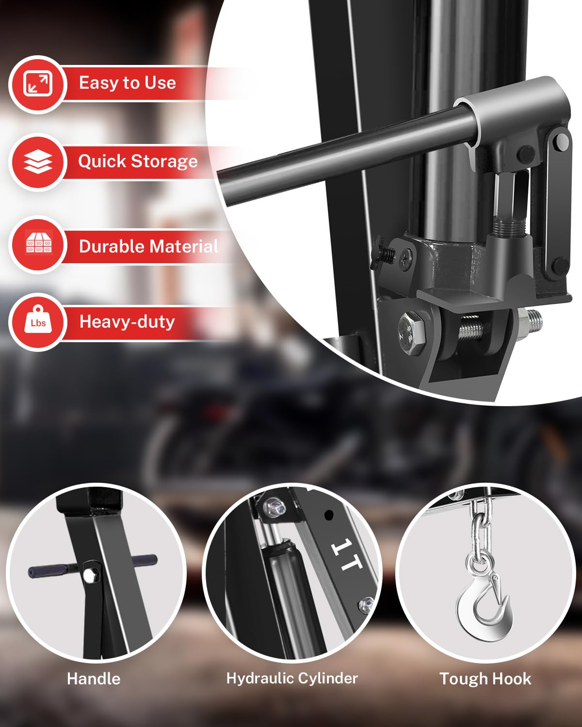 Garvee 2-Ton Folding Engine Hoist Hydraulic Crane with 6 Swivel Wheels & Adjustable Boom Reinforced Steel Rust-Proof Coating Garage Workshop Farm, Black