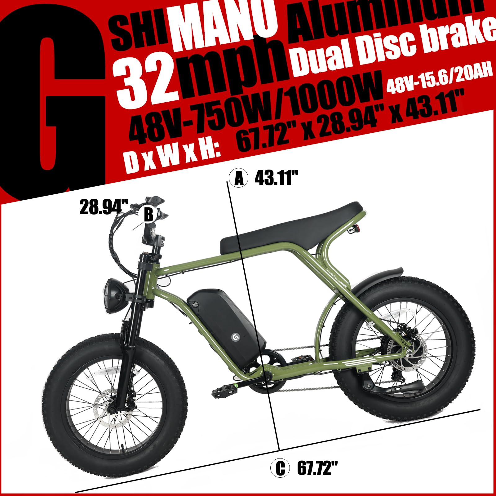 Garvee Electric Mountain Bike for Adults 20" x 4.0 Fat Tire, E-Bike 750W Motor 48V 15.6Ah Removable Battery, Max Speed 40MPH, Shi mano 7-Speed Adult Electric Bicycle for Off-Road Adventures, Green