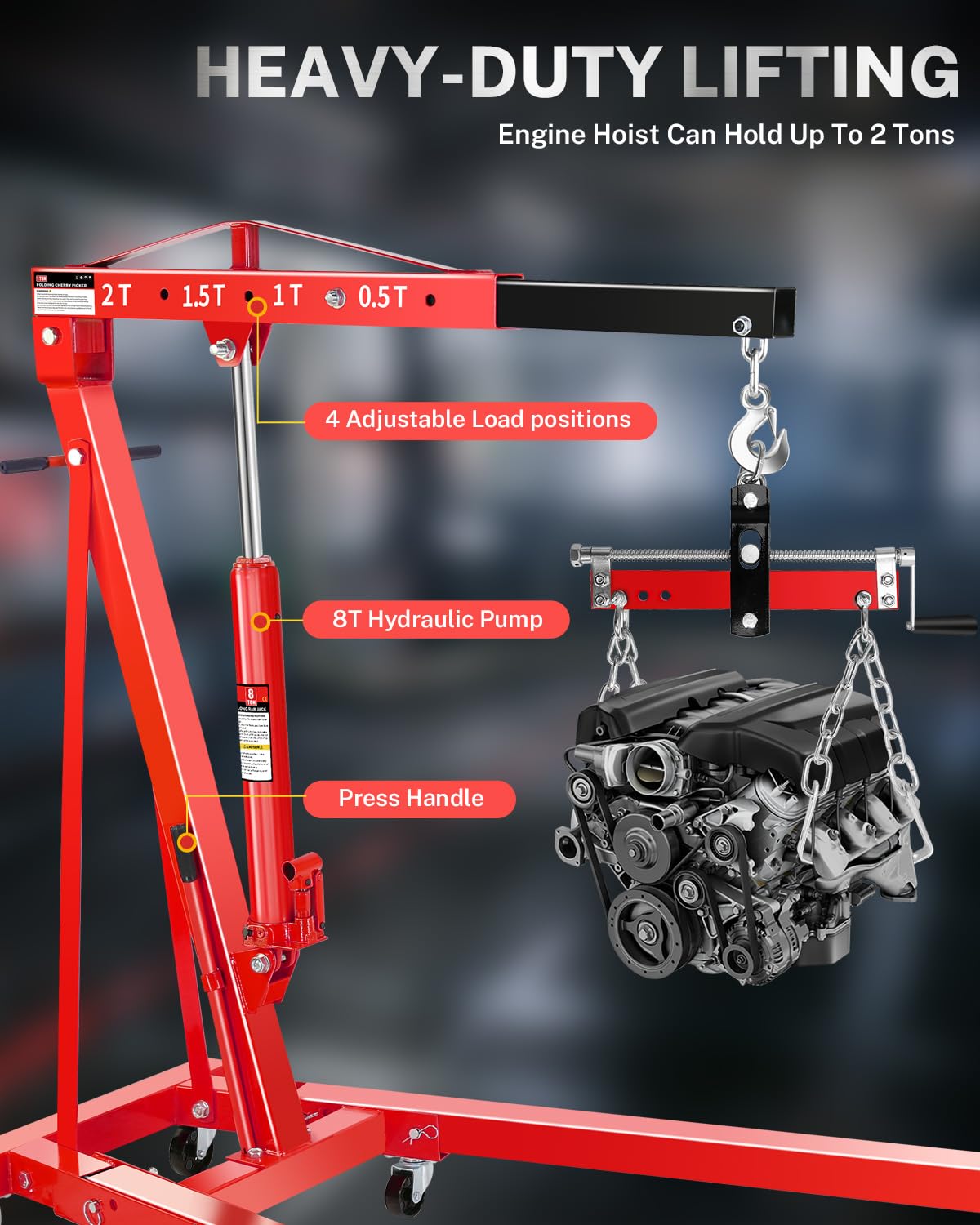 Garvee 2-Ton Hydraulic Engine Hoist Crane with 6-Wheel Stability, Folding Design, Military-Grade Steel, Locking Brakes, Adjustable Boom - Garage & Workshop, Red