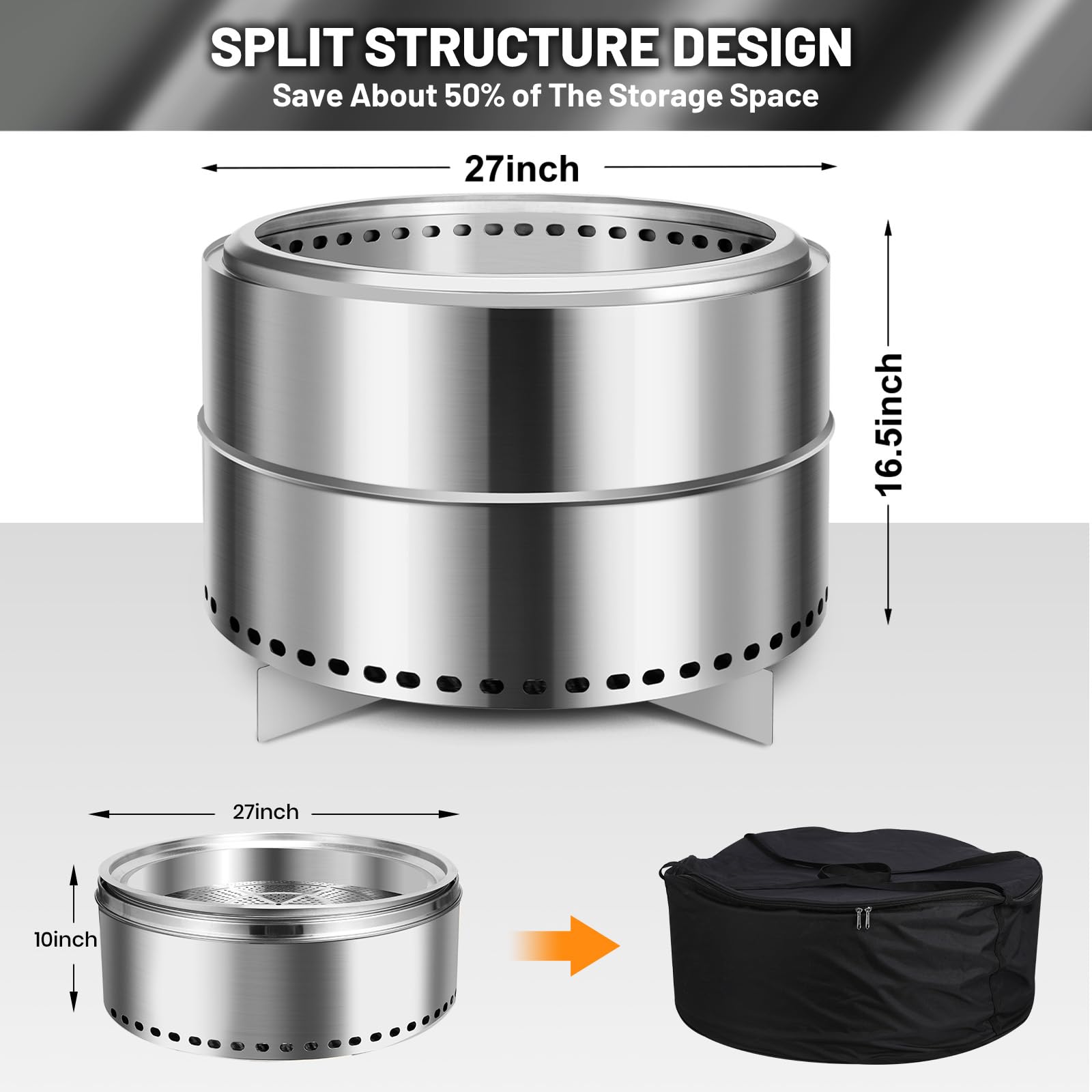 Garvee 27" Portable Smokeless Firepit with Stand - Stainless Steel Wood Burning Bonfire Fire Pit for Camping & Picnic, Large with Carry Bag & Split Structure