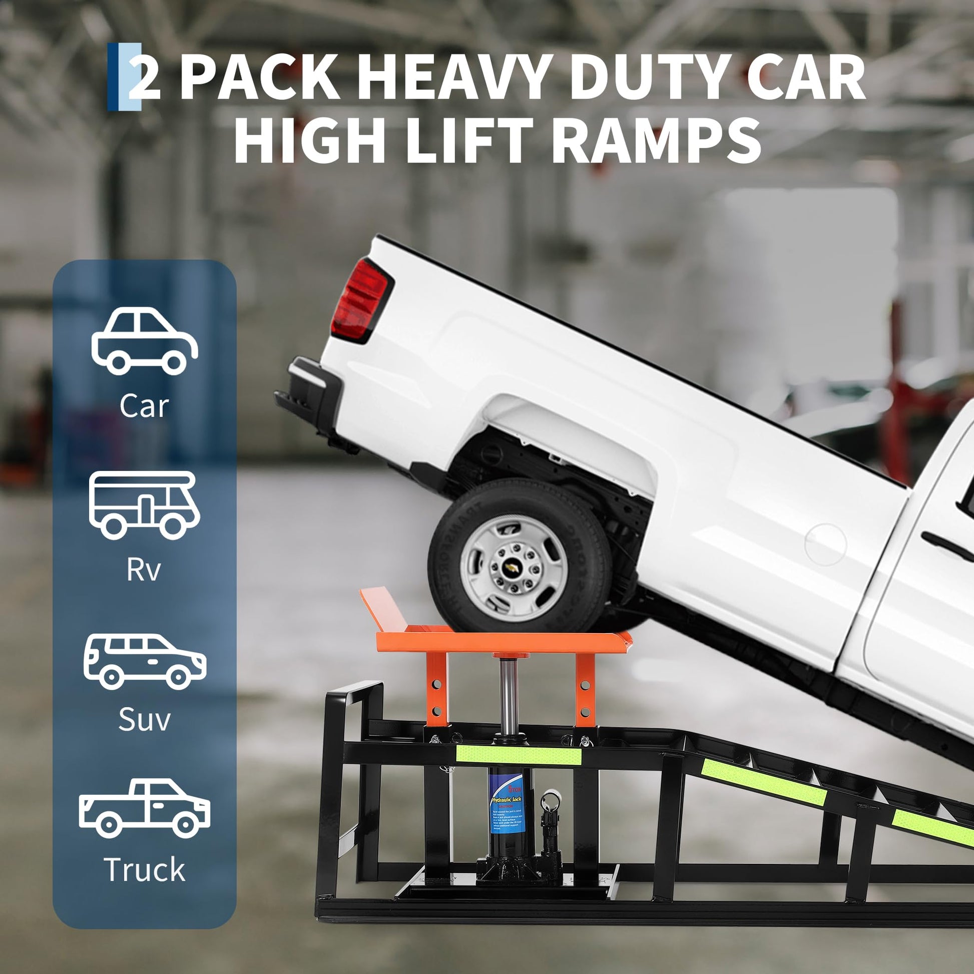 Garvee 5 Ton Hydraulic Car Ramps Heavy Duty Vehicle Lift With Reflective Strips For Night Use Adjustable Height 9.8"-15" Portable Auto Service Ramps Black