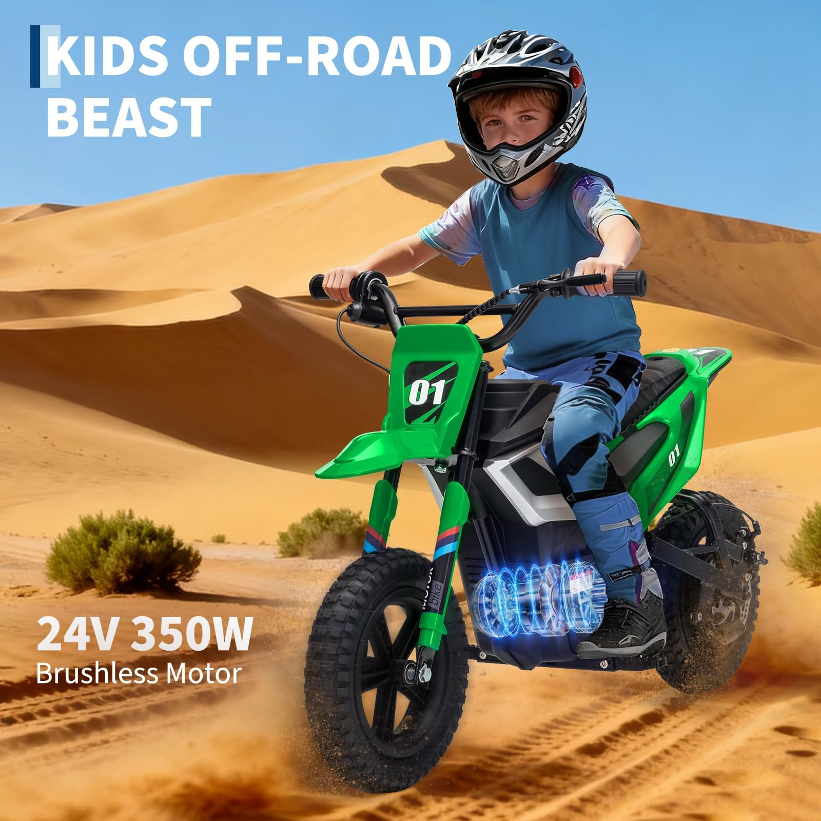 Garvee 24V Kids Electric Dirt Bike 350W Motor 10MPH Speed Rear Suspension Leather Seat Black Blue Green Red Rose White Outdoor Riding