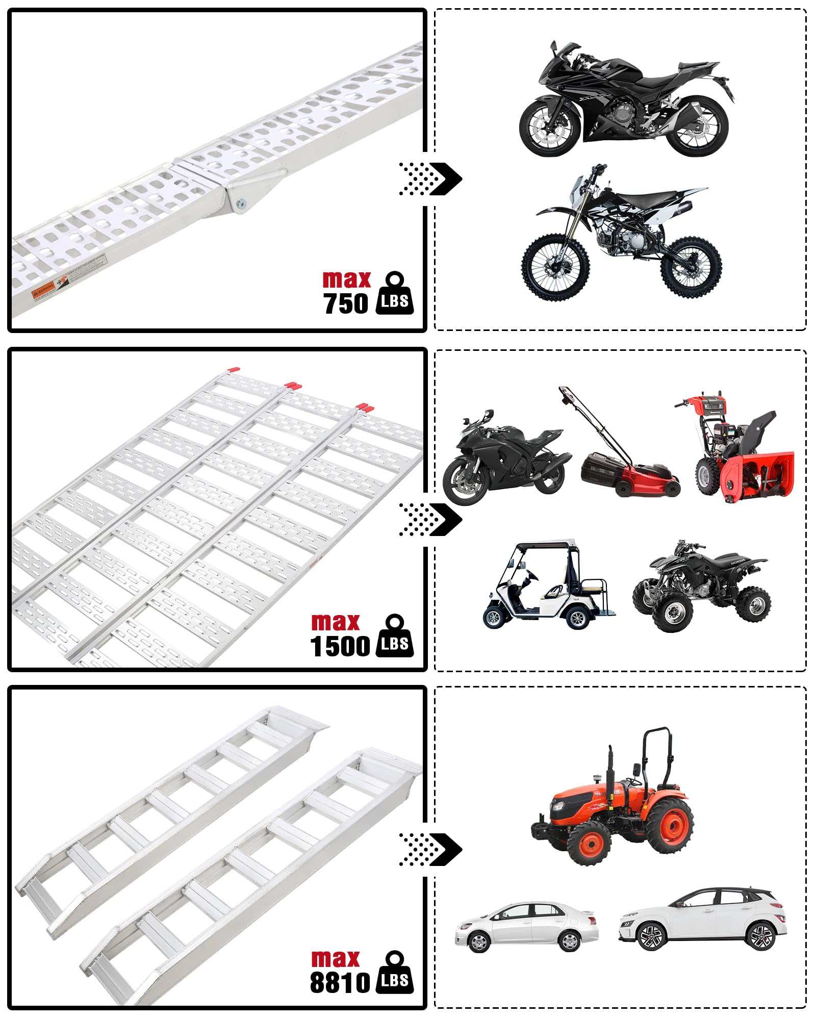 Garvee Folding Loading Ramp, 750 lbs Capacity, Aluminum Portable ATV UTV Ramp Motorcycle Ramp for Dirt Bikes, Carts, Lawn Mowers, Snow Blowers