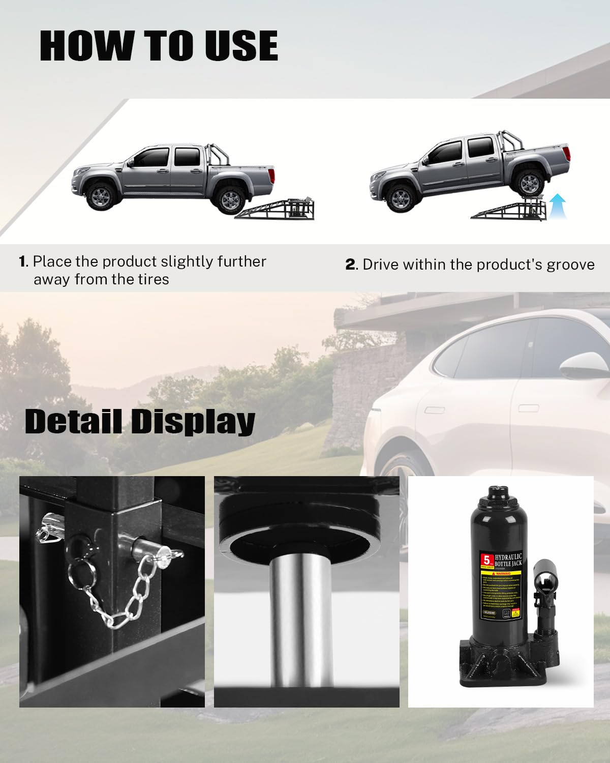 Garvee Hydraulic Car Ramps - 5T 11000lbs Capacity, Adjustable Height (9.3"-14"), Steel with Anti-Slip Plate, Ring Chain Bolt for Cars, SUVs, and Ligh, Black