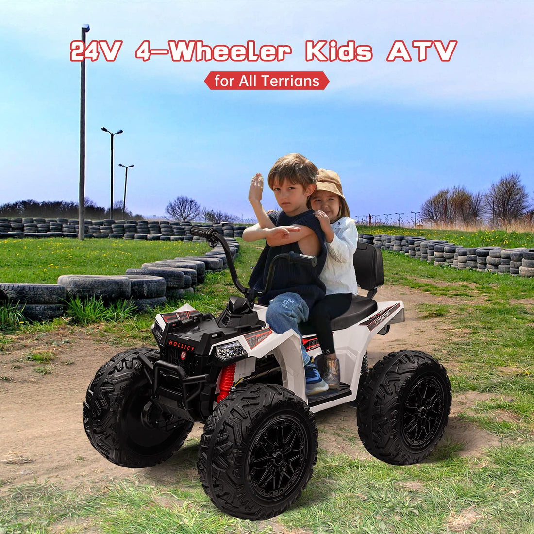 Garvee Ride - P Series: 24V Kids Quad ATV, Ride on Car 4WD Quad Electric Vehicle, 4x80W Powerful Engine, with 7AHx2 Large Battery, Accelerator Handle, EVA Tire, Full Metal Suspension, LED Light, Bluetooth&Music - White