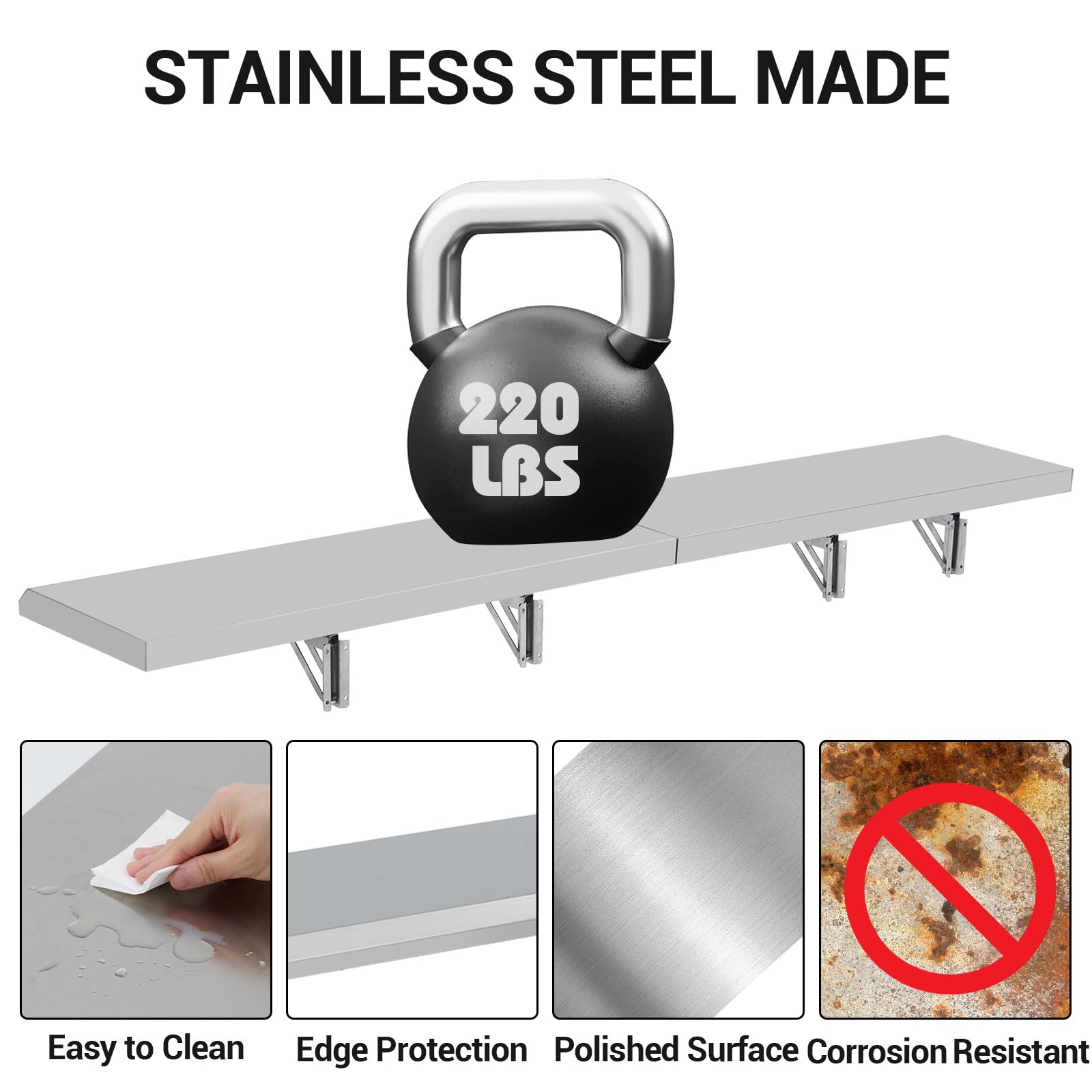Garvee Folding Concession Shelf 72" x 12" - 304 Stainless Steel, Wall Mount, Drop Down, for Food Truck, BBQ, Restaurant
