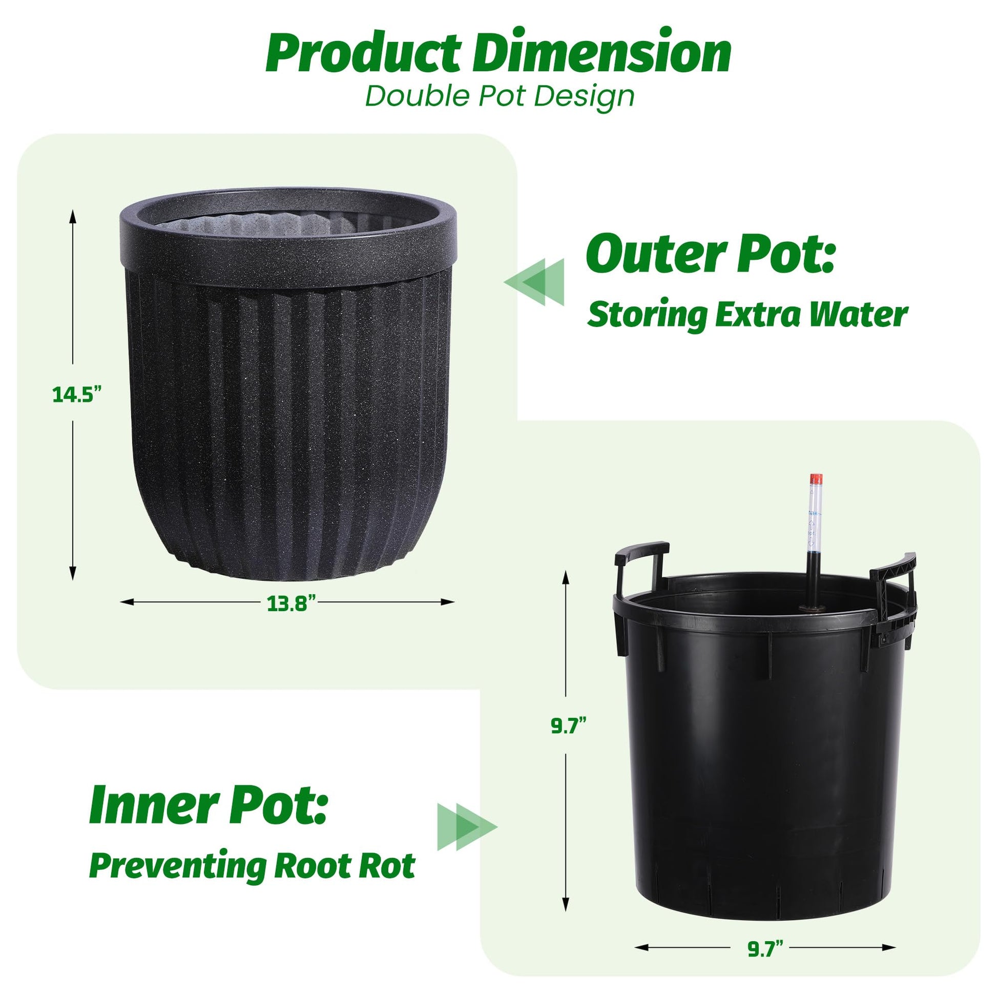 Garvee 14.5 Inch Tall Planters Set of 2 Flower Pots with a Water Level Monitor, Self Watering Insert and Hidden Wheels, Ideal for Living Room, Bedroom Office, Patio, Porch, Garden, Black