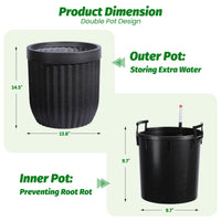 Garvee 14.5 Inch Tall Planters Set of 2 Flower Pots with a Water Level Monitor, Self Watering Insert and Hidden Wheels, Ideal for Living Room, Bedroom Office, Patio, Porch, Garden, Black