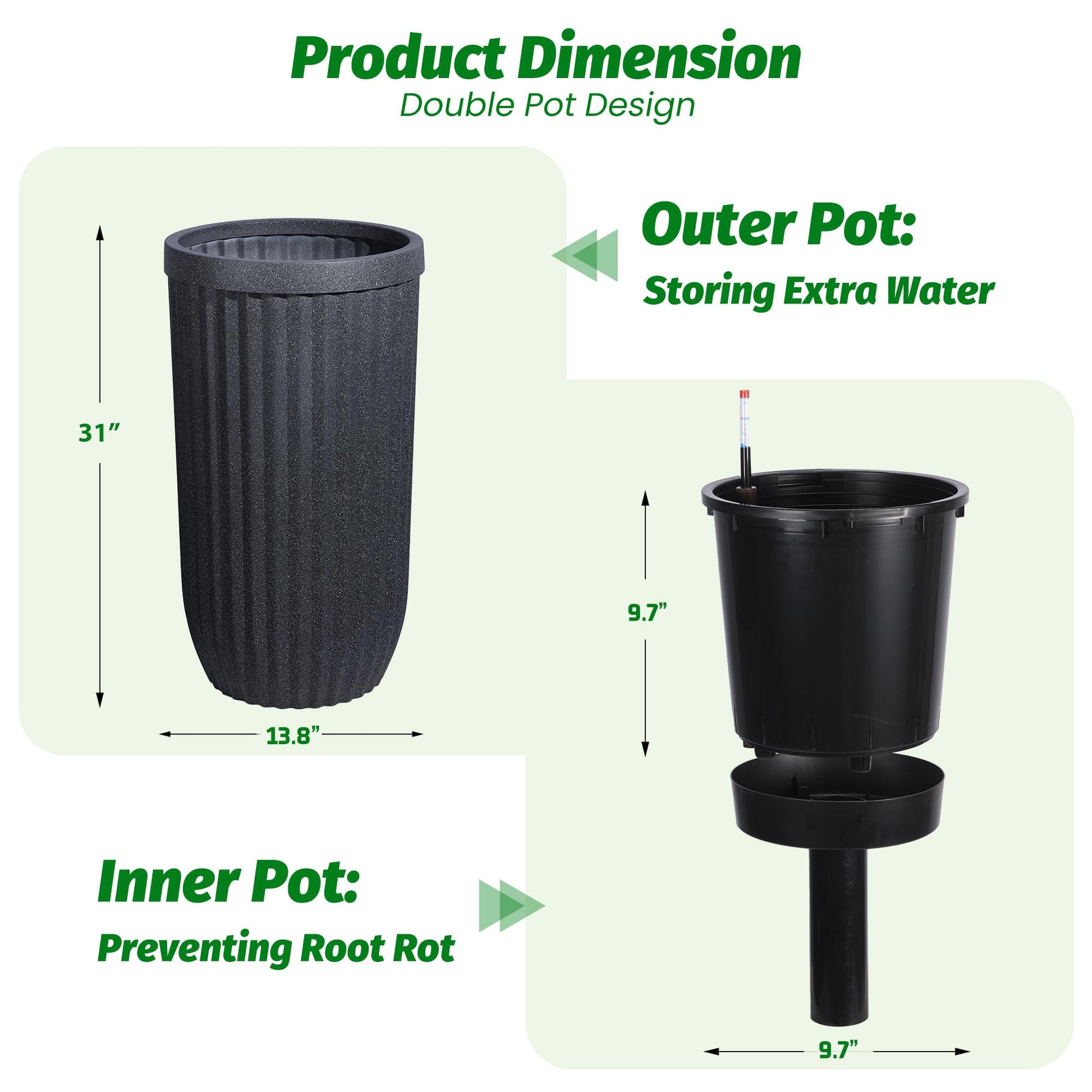 Garvee 31" Tall Black Planter with Water Level Monitor, Self-Watering System & Wheels - Medium Flower Pot for Living Room, Office, Patio & Garden