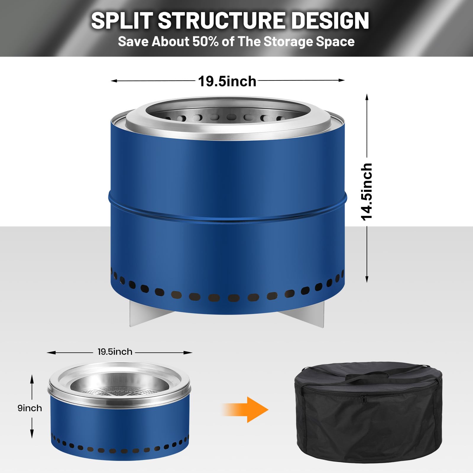 Garvee 20 Inch Portable Smokeless Firepit with Stand, Bonfire Wood Burning Fire Pit for Camping & Picnic Outside, Stainless Steel Large Fire Pit with Carry Bag, Split Structure