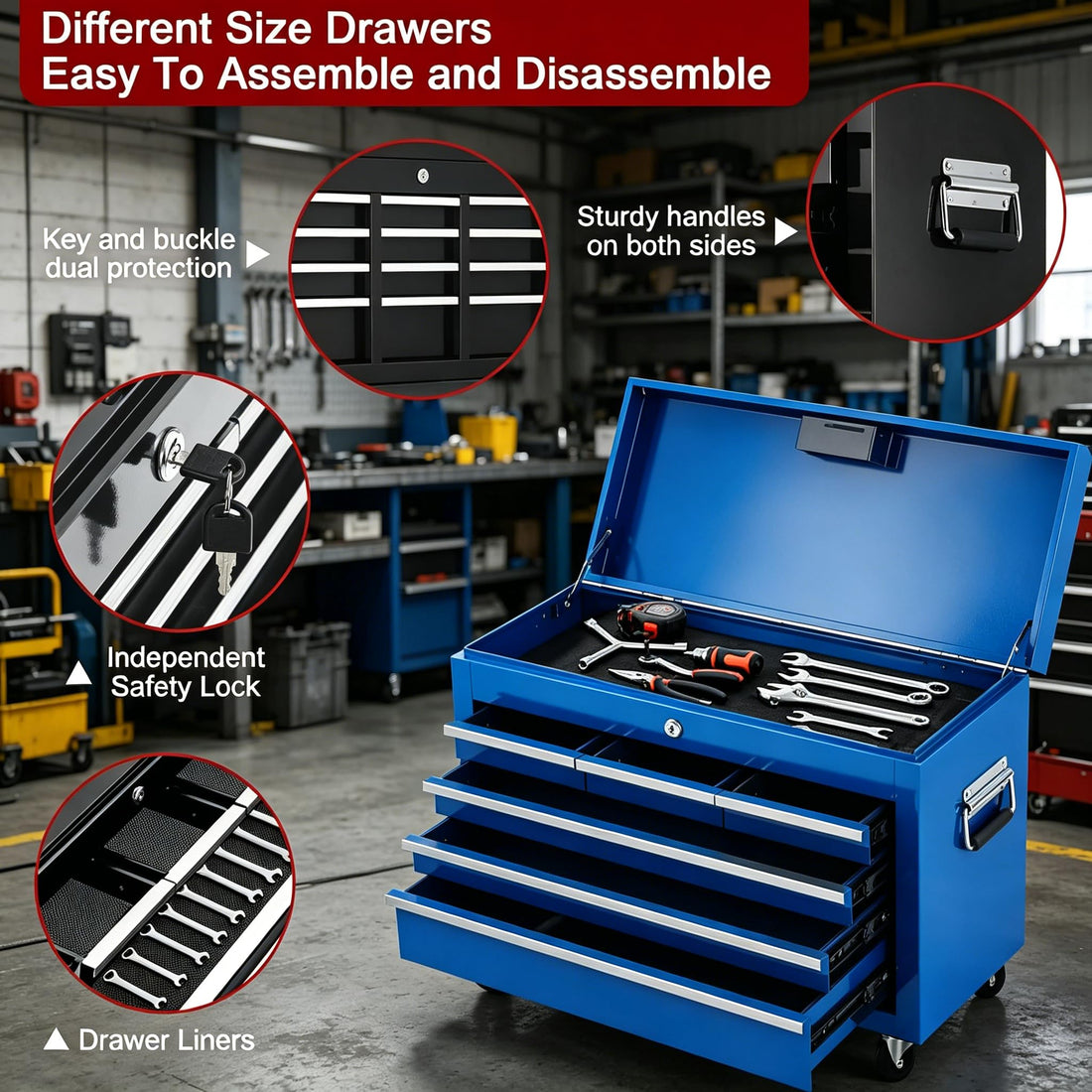 Garvee 8-Drawer Rolling Tool Chest 2-in-1 High Capacity Tool Storage with Locking System Wheels and Liners for Garage Workshop, Blue