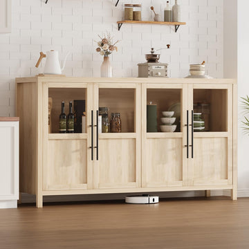 Garvee Sideboard Buffet Cabinet with 4 Glass Doors, 55" Large Buffet Cabinet with Storage, Modern Farmhouse Storage Cabinet Table for Kitchen Dining Room, Living Room, Wood