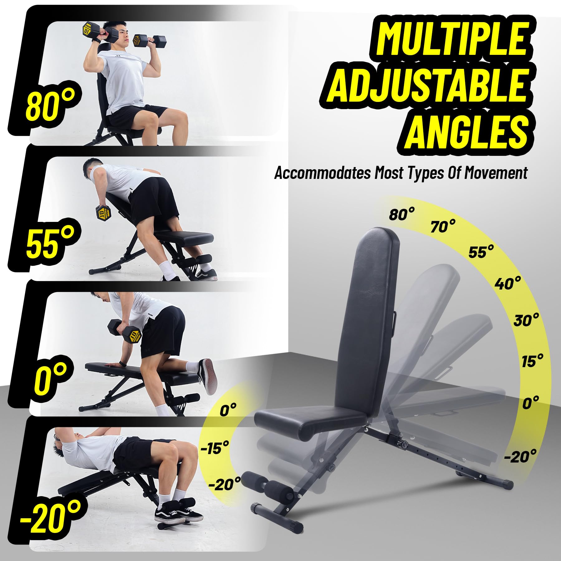 Garvee Adjustable Weight Bench, 800 Lbs Capacity, 8 Backrest & 3 Seat Positions, Adjustable Bench for Full Body Workout, Space-Saving Foldability, for Indoor Workout, Home Gym (Black)