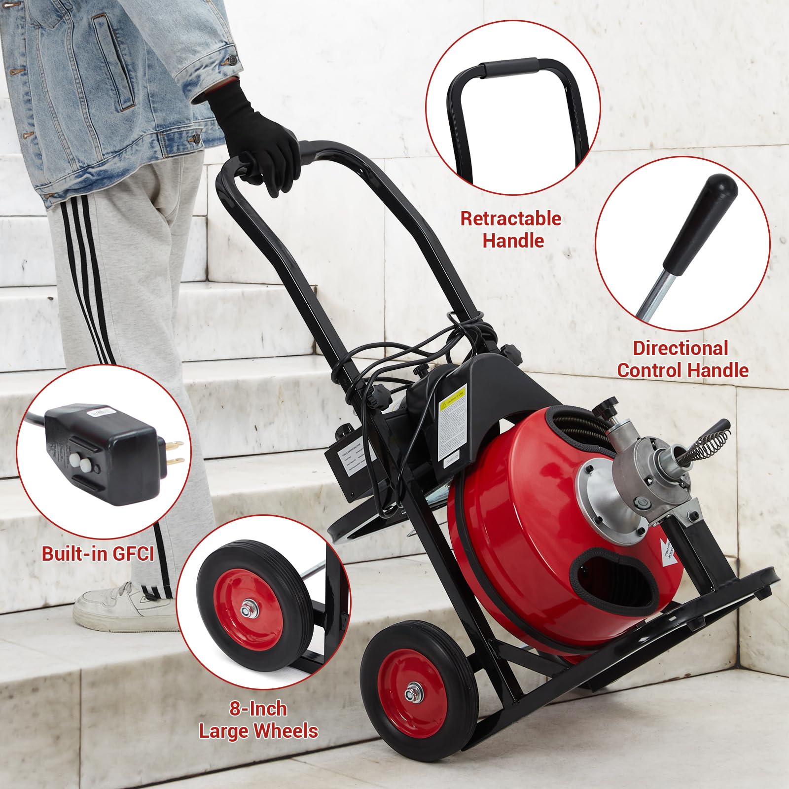 Garvee Auto Feed 75 FT x 1/2 Inch Drain Cleaner Machine with 250W Motor, Portable Sewer Snake Auger with 8 Cutters & Air-activated Foot Switch, Fits 1" to 4" Pipes, Black & Red
