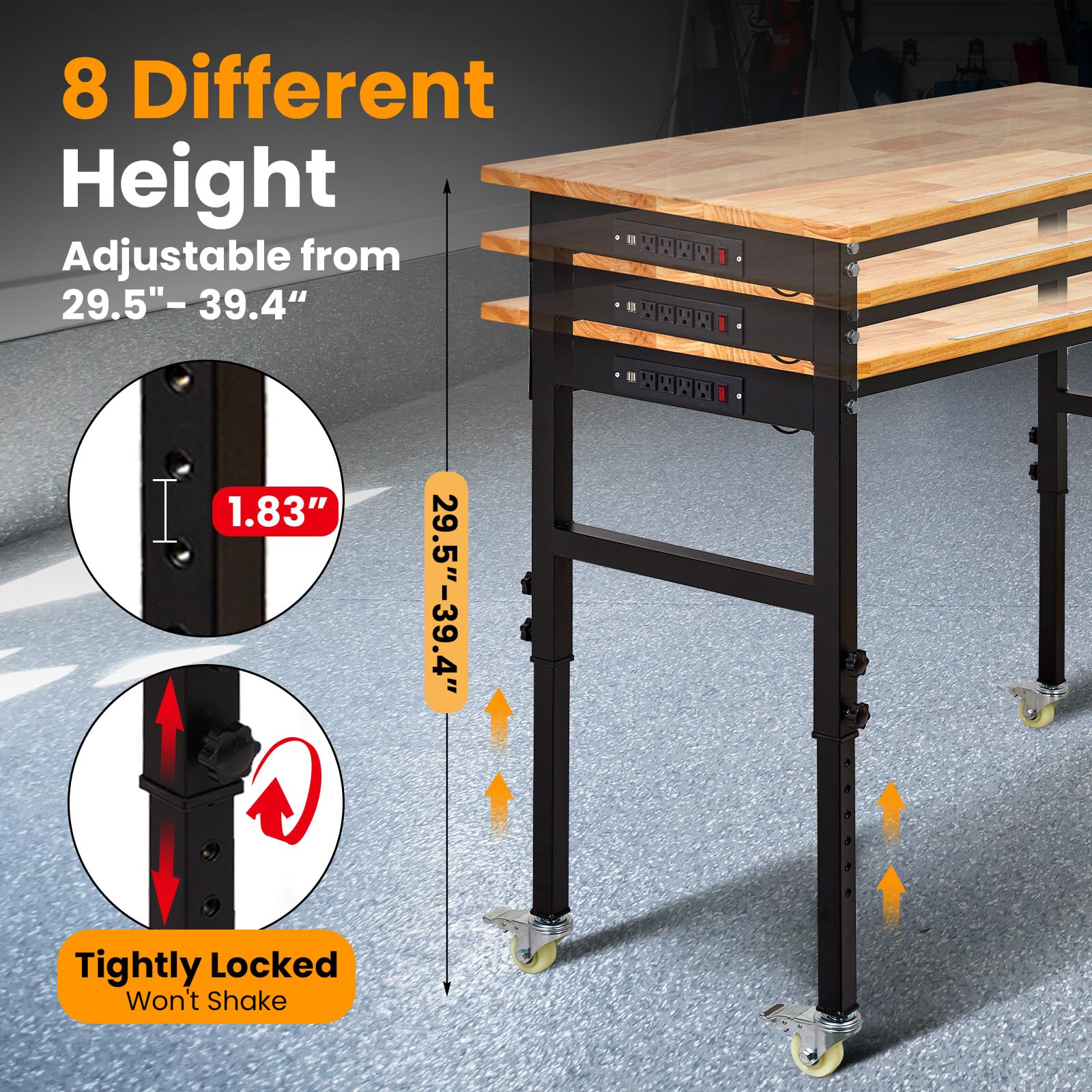 Garvee 70"x 21" Adjustable Workbench with Power Outlet, 29.5" - 39.4" Adjustable Height Garage Workbench with Rulers, Pegboard, Hooks, Wheels, 2000 Lbs Load Capacity for Workshop, Office, Garage, Home