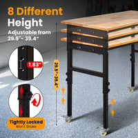 Garvee 70"x 21" Adjustable Workbench with Power Outlet, 29.5" - 39.4" Adjustable Height Garage Workbench with Rulers, Pegboard, Hooks, Wheels, 2000 Lbs Load Capacity for Workshop, Office, Garage, Home