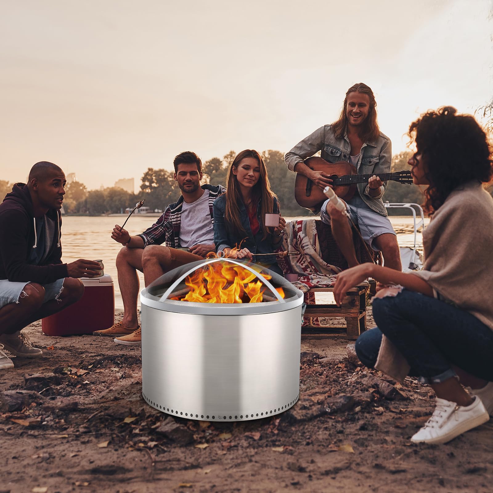 Garvee Fire Pit Spark Screen Cover for Campfires - Easy Lift Stainless Steel, Mesh Protector, Guide Rod Included, Outdoor Patio & Backyard Accessory, Silver，18 * 18 * 5inch