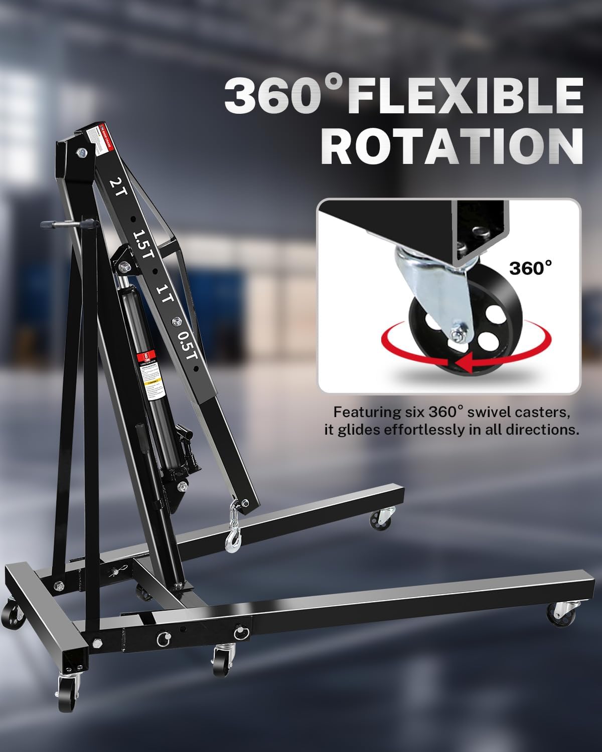 Garvee 2-Ton Hydraulic Engine Hoist Crane, 4400 lbs Folding Heavy-Duty Cherry Picker with Lever, 6 Locking Wheels, and 4 Boom Positions for Truck/SUV Engines, Garage, Workshop, and Industrial Lifting, Black