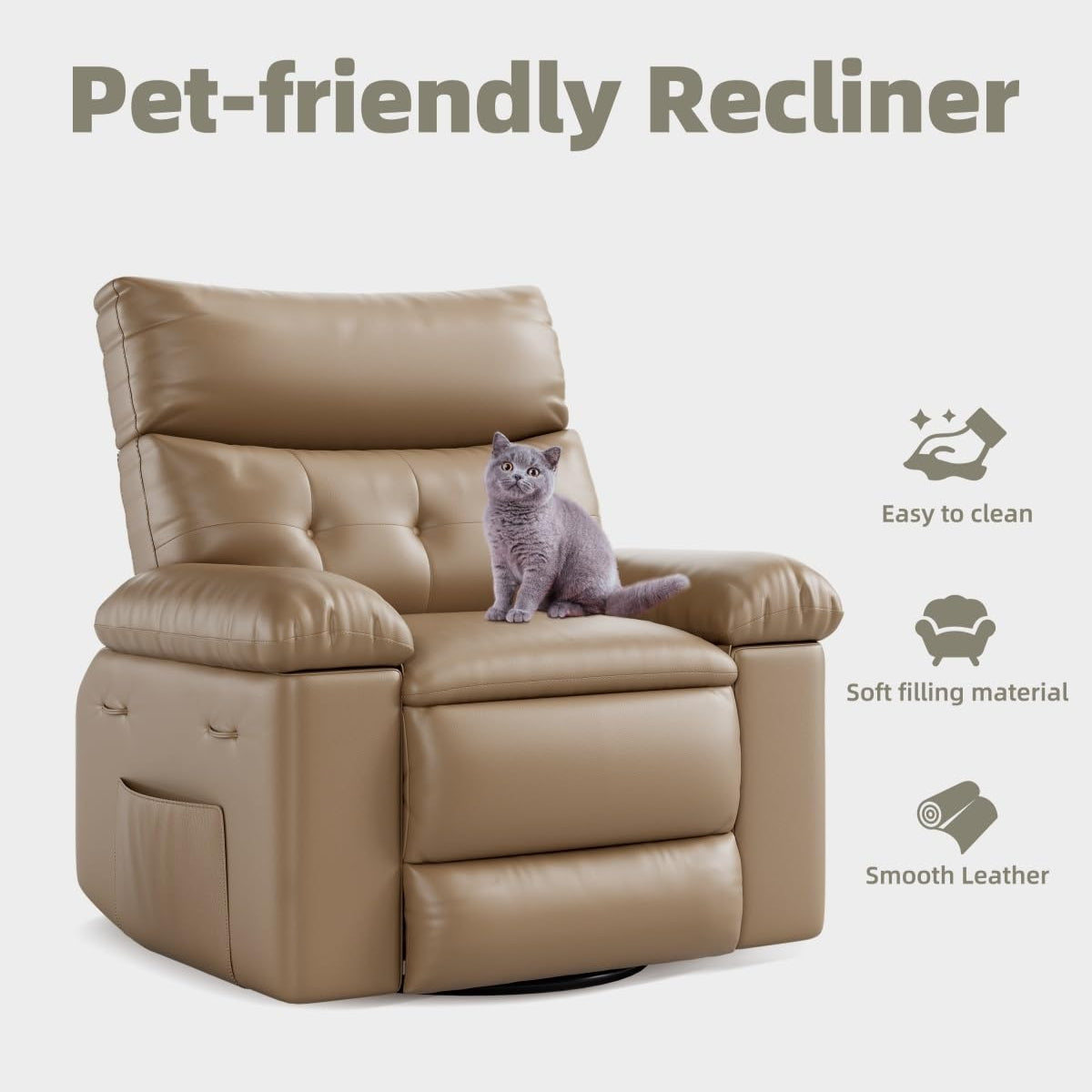 Pet-friendly recliner chair with beige leather upholstery, soft filling, and a comfortable design, suitable for pets and humans.