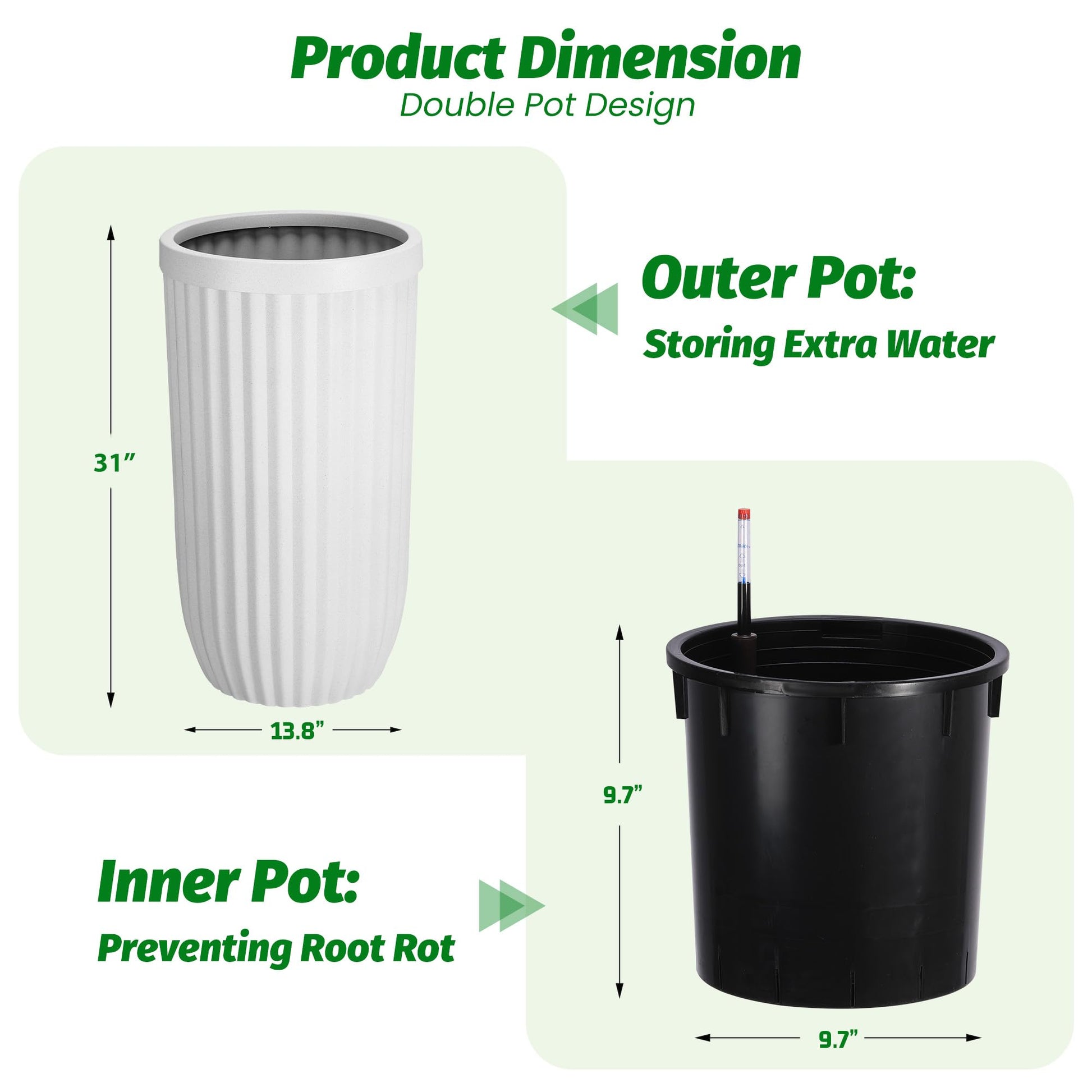 Garvee 31" Tall White Planter with Water Level Monitor, Self-Watering System & Wheels - Medium Flower Pot for Living Room, Office, Patio & Garden