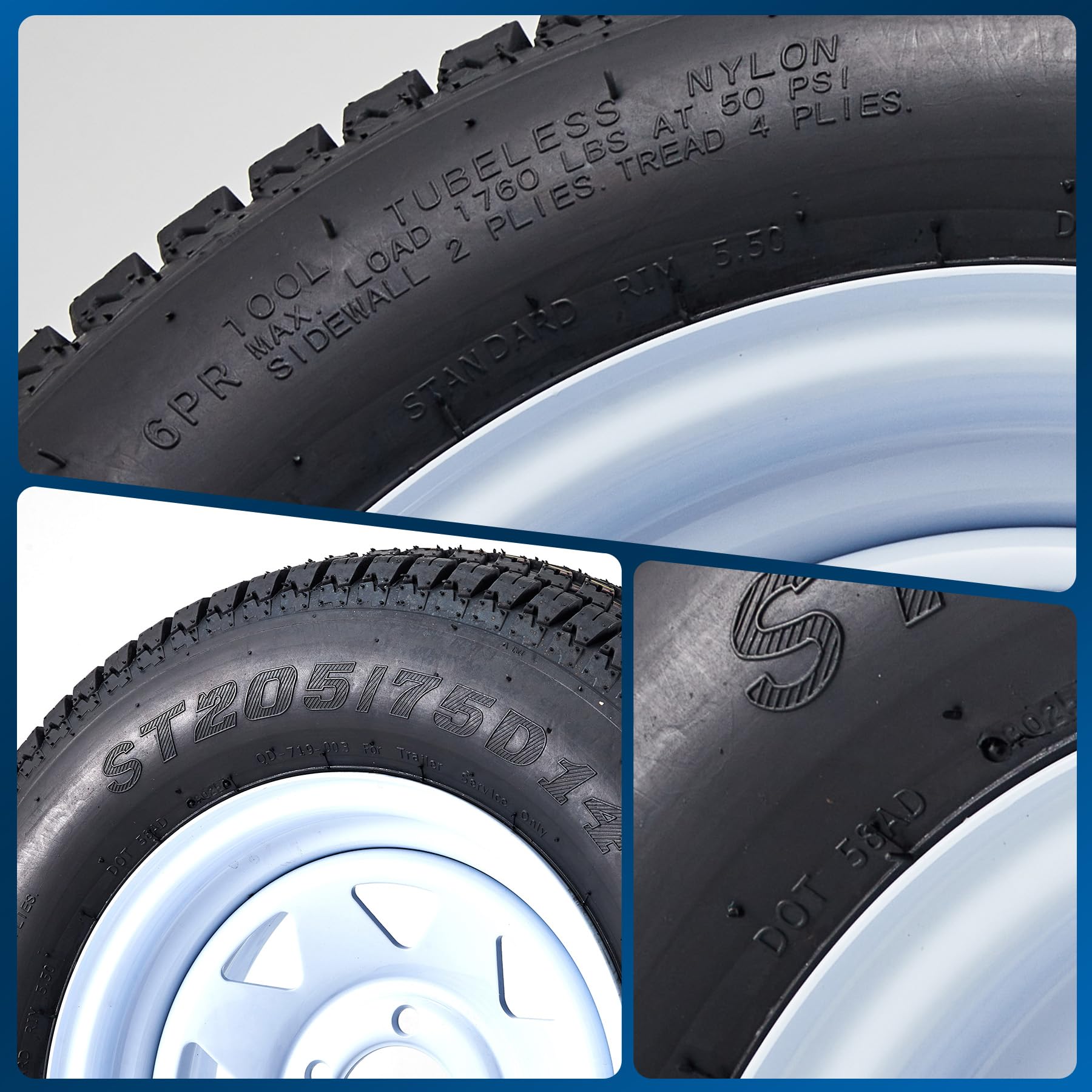 Garvee Set of 4 ST205/75D14 Trailer Tires with 14'' Rims, 5 Lug 4.5'', Load Range C, 6PR, White, Durable All-Season