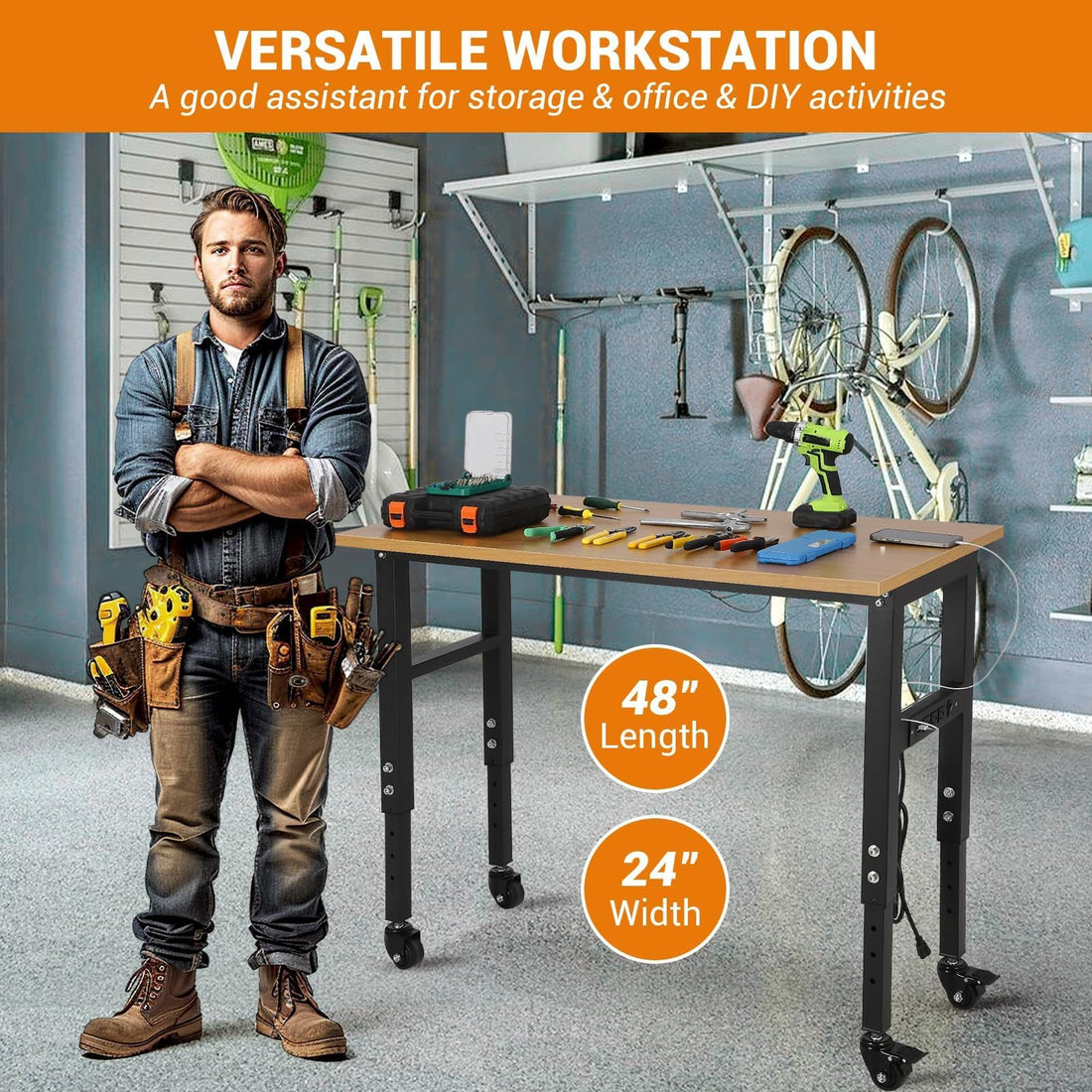 Garvee 48x24 Inch Adjustable Workbench - Heavy-Duty Work Table with Wheels, 5 Power Outlets, 2500 lbs Capacity, Metal Frame, and Wood Top for Garage, Home, and Office