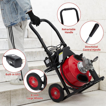 Garvee Auto Feed 75 FT x 3/8 Inch Drain Cleaner Machine with 200W Motor, Portable Sewer Snake Auger with 8 Cutters & Air-activated Foot Switch, Fits 1" to 4" Pipes, Black & Red