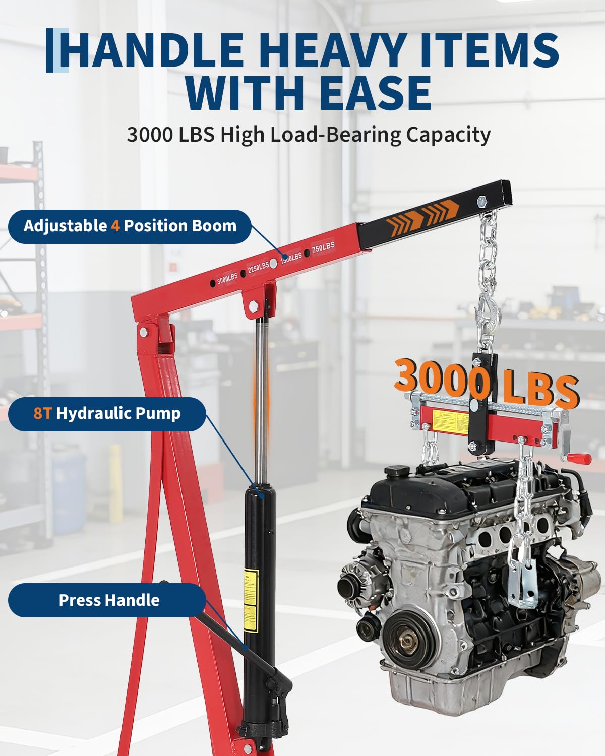 Garvee Portable Hydraulic Engine Hoist, 1.5 Ton (3000 LBS) Capacity Shop Crane with Telescopic Boom & 4 Swivel Casters, Cherry Picker Lift for Home Garage, Auto Repair, and Warehouse Use, Heavy-Duty, Red