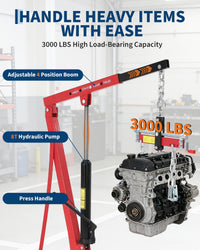 Garvee Portable Hydraulic Engine Hoist, 1.5 Ton (3000 LBS) Capacity Shop Crane with Telescopic Boom & 4 Swivel Casters, Cherry Picker Lift for Home Garage, Auto Repair, and Warehouse Use, Heavy-Duty, Red