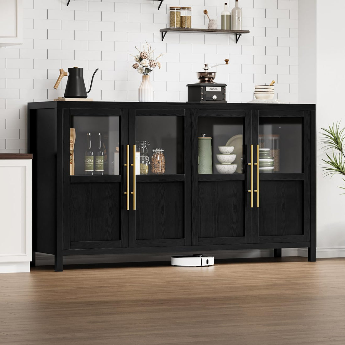 Garvee Sideboard Buffet Cabinet with 4 Glass Doors, 55" Large Buffet Cabinet with Storage, Modern Farmhouse Storage Cabinet Table for Kitchen Dining Room, Living Room, Black