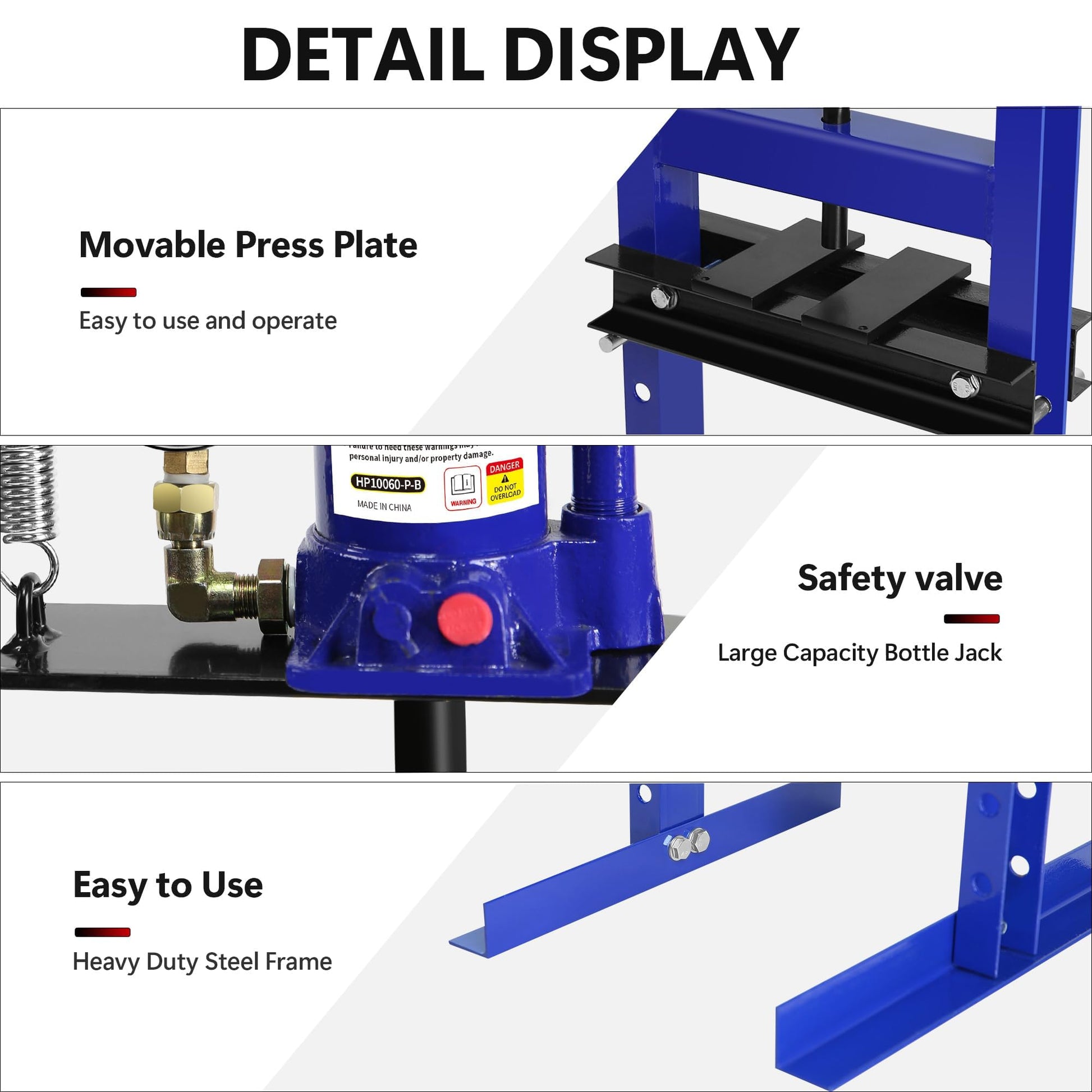 Garvee 6-Ton Shop Press with Pressure Gauge, Adjustable H-Frame Hydraulic Floor Press with Stamping Plates for Bending, Straightening, Pressing Parts, and Installing Bearings & U-Joints, Blue