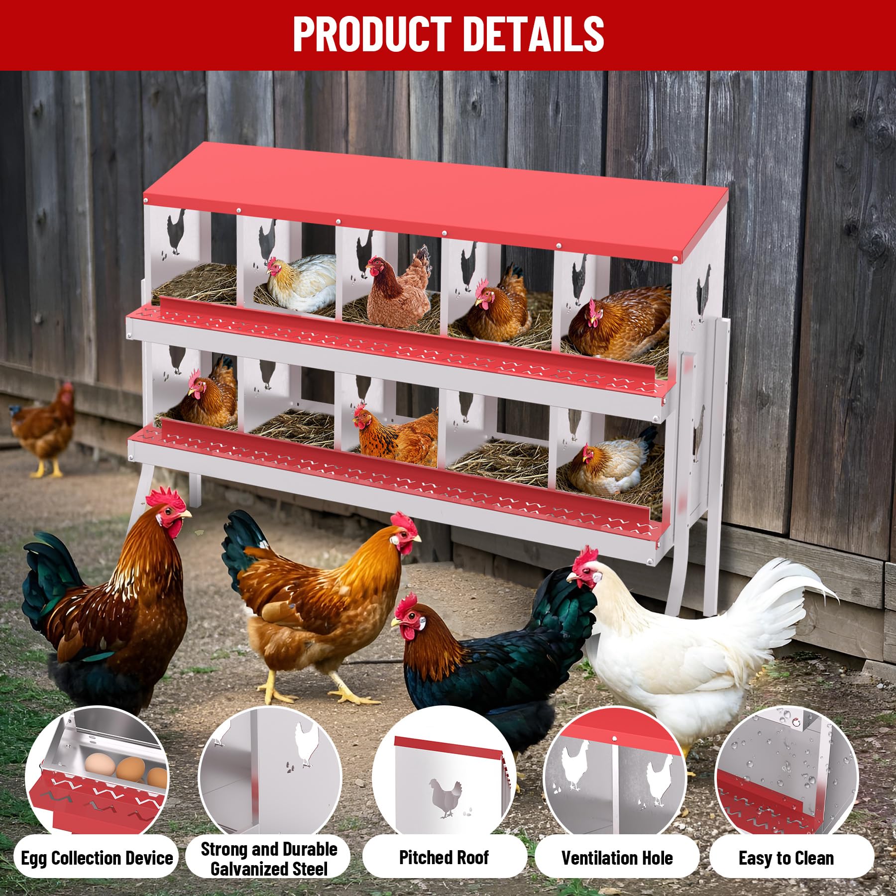 Garvee Nesting Boxes for Chickens, 10 Compartment Chicken Nesting Box with Elevated Metal Legs, Metal Chicken Laying Boxes with Perch, Secure Lid, Versatile Wall Mount or Free Standing for Hens, red