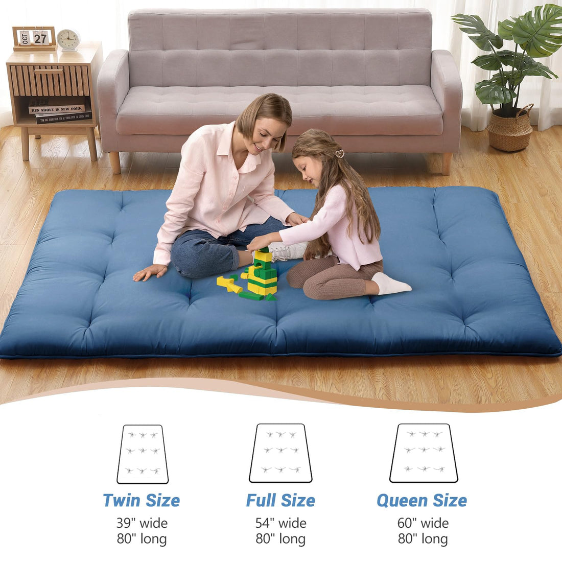 Garvee Futon Mattress Japanese Floor Mattress, Twin Size Tatami Mattress Kids Sleeping Mat for Dormitory, Roll Up Mattress Japanese Floor Mat for Sleep, Easy to Store, Navy Blue