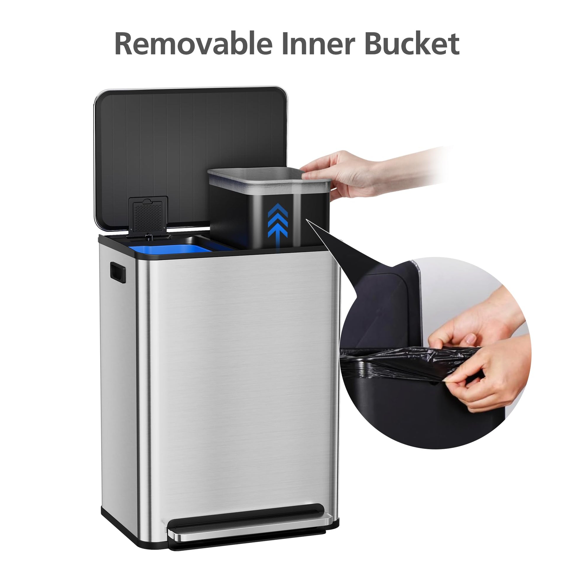 Garvee 60L/16 Gal Hands-Free Kitchen Trash Can, 2×8 Gal Pedal Trash Bin with Removable Baskets, Stainless Steel Garbage Can for Restaurant School Hospital Office