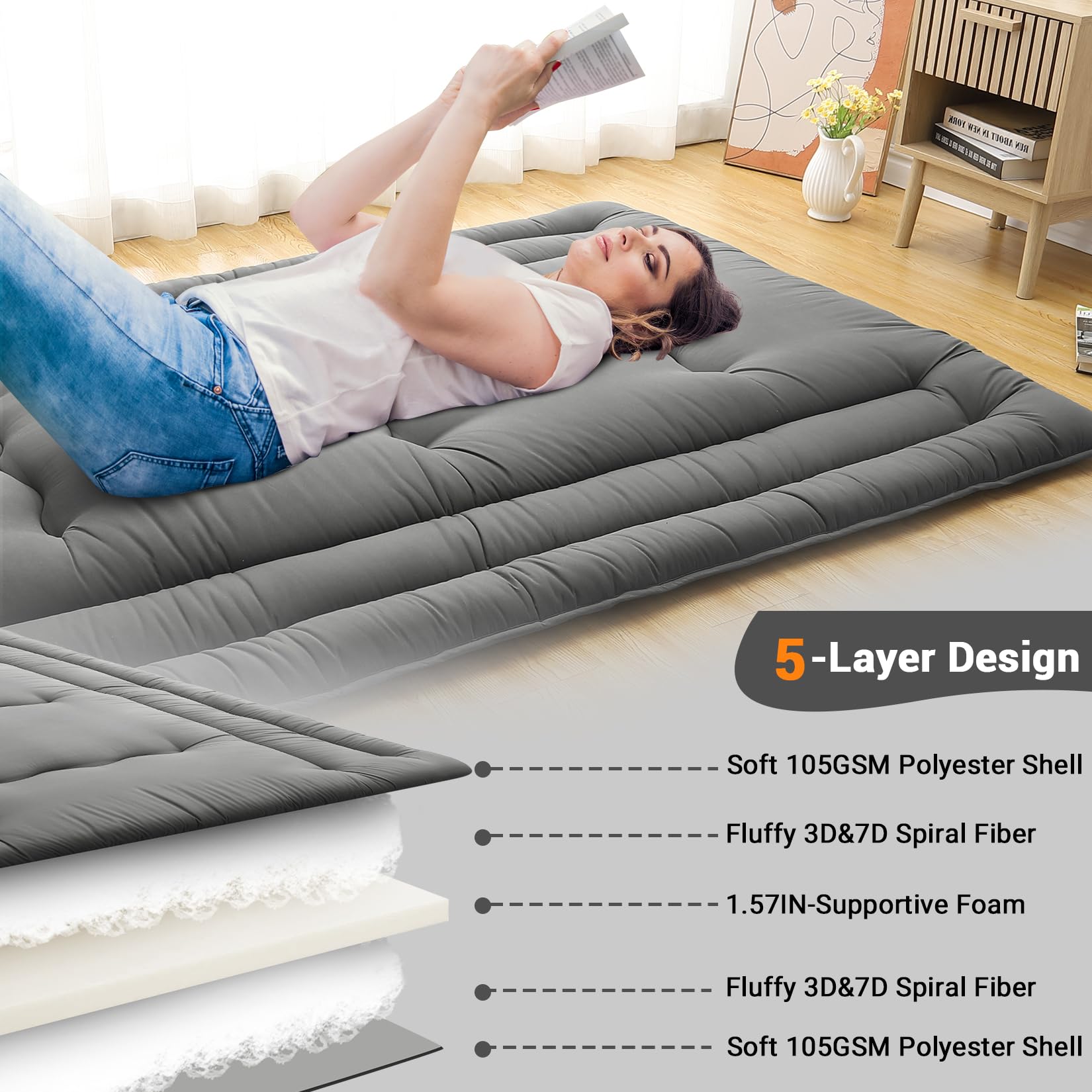 Garvee Futon Mattress Full Size, Foldable Sleeping Mattress Tatami Mattress for Adults, Roll Up Japanese Style Floor Bed Dormitory Floor Mattress for Rv Travel Camping, Dark Grey